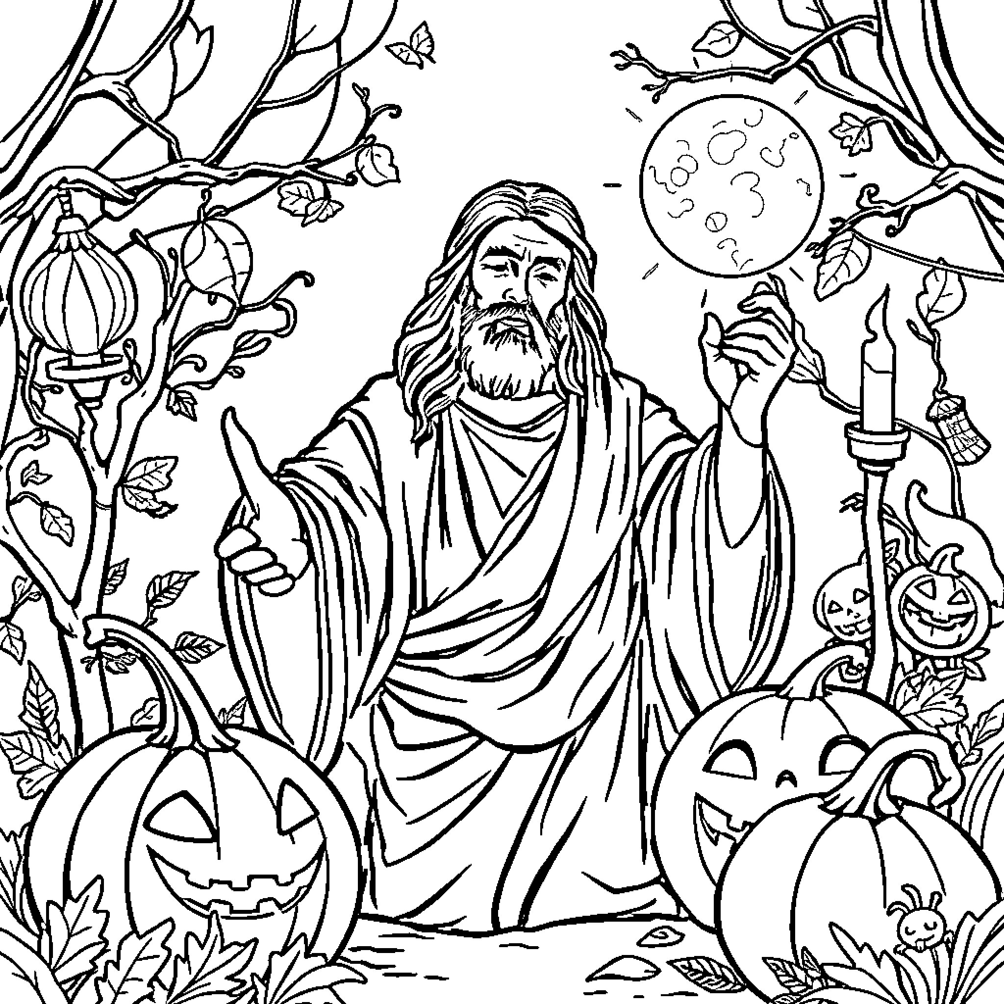 Jesus presiding over a Halloween scene Coloring Page (free black-and-white line drawing printable PDF for all, from beginners to advanced learners, including children, teens, adults, and seniors)