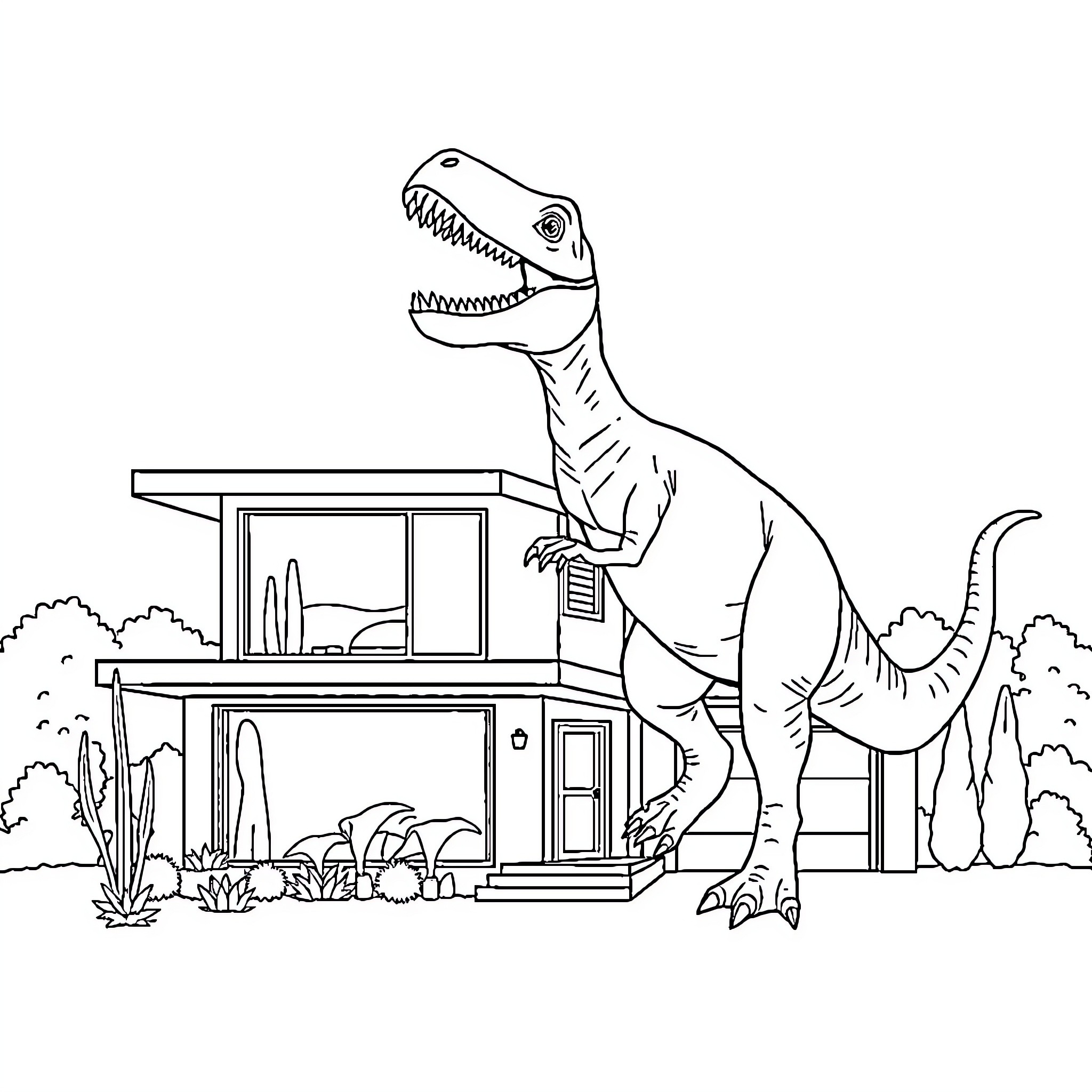 House with Dinosaur Roaming Outside Coloring Page (free black-and-white line drawing printable PDF for all, from beginners to advanced learners, including children, teens, adults, and seniors)