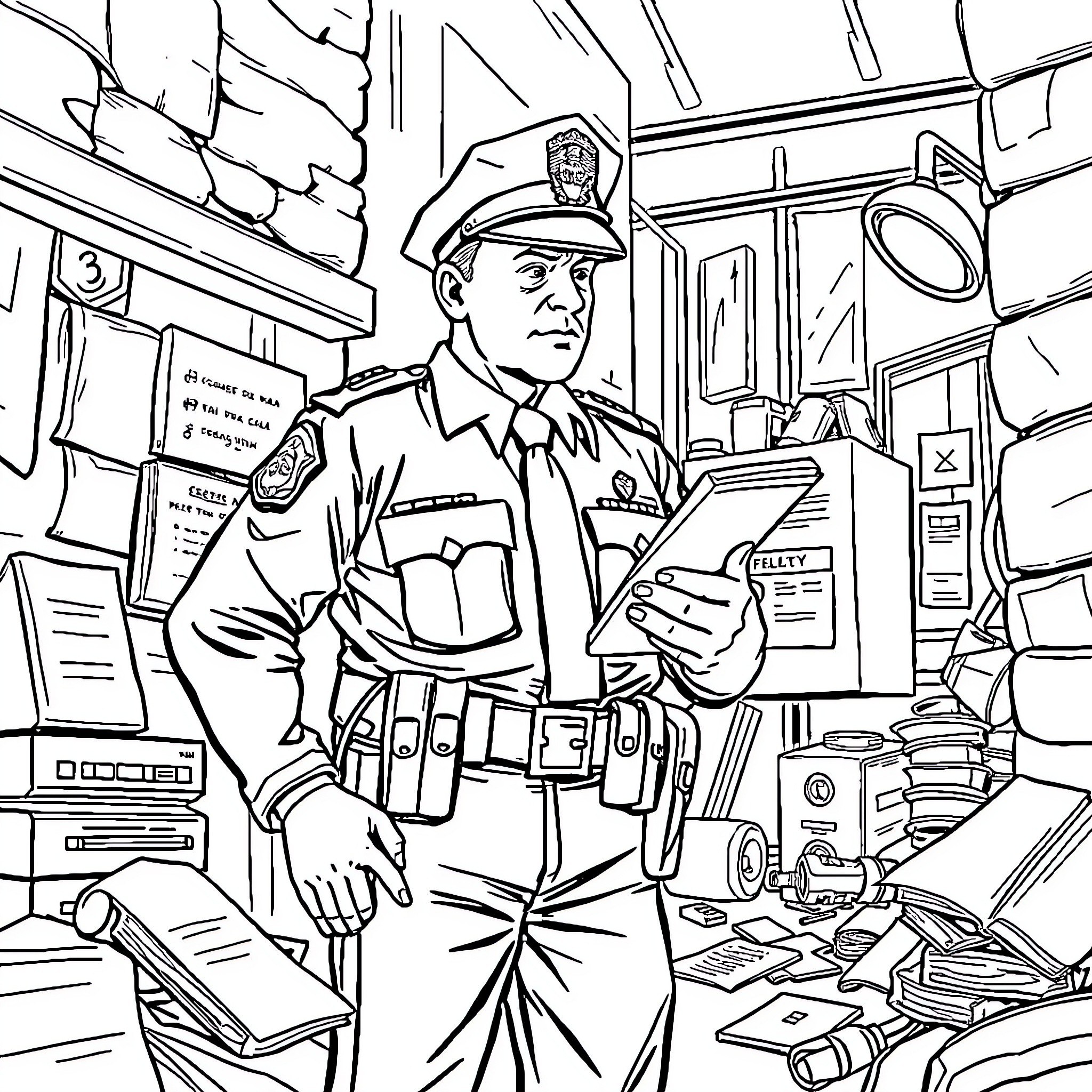 Police officer diligently working in cluttered office Coloring Page (free black-and-white line drawing printable PDF for all, from beginners to advanced learners, including children, teens, adults, and seniors)