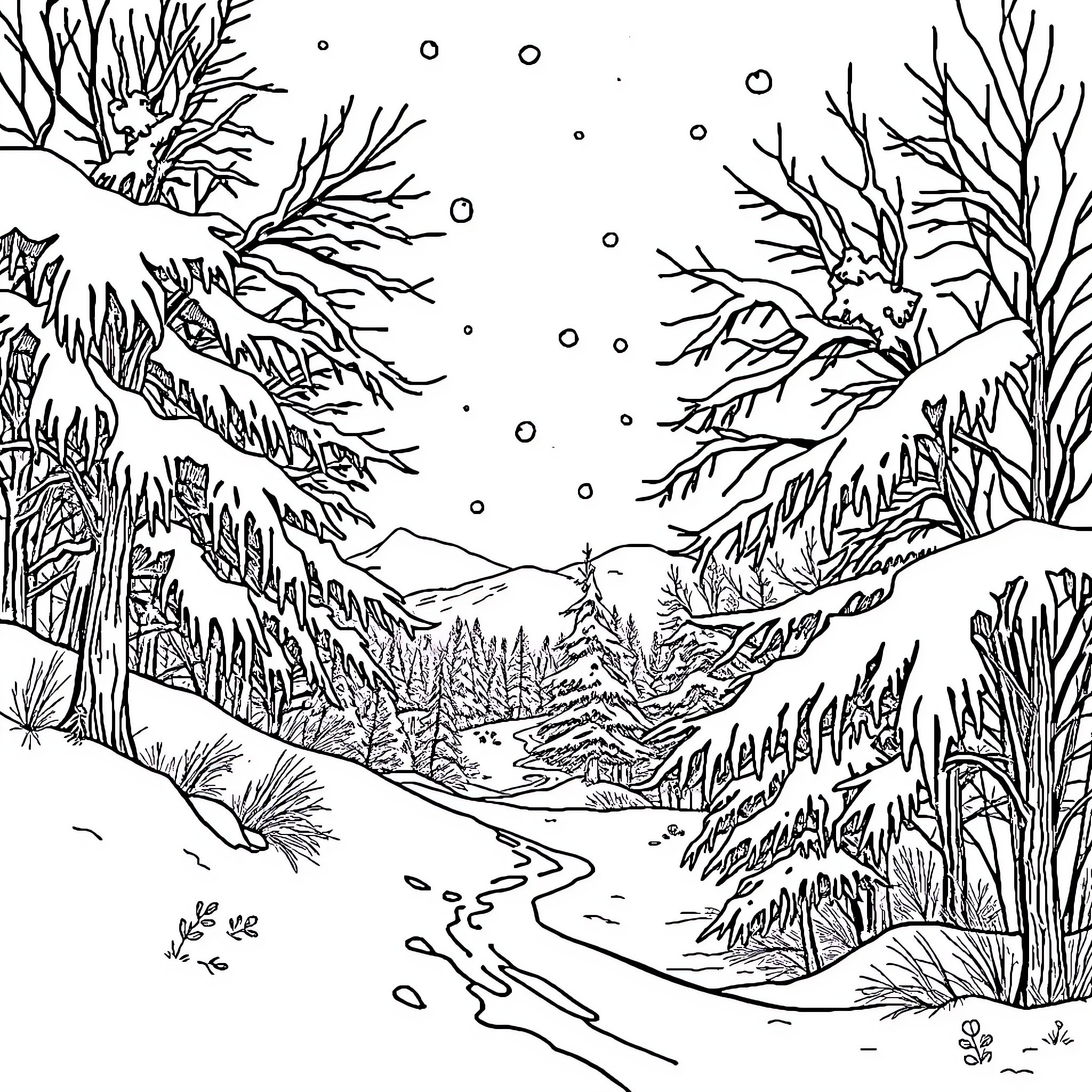 Frozen snowy forest landscape with winding path Coloring Page (free black-and-white line drawing printable PDF for all, from beginners to advanced learners, including children, teens, adults, and seniors)