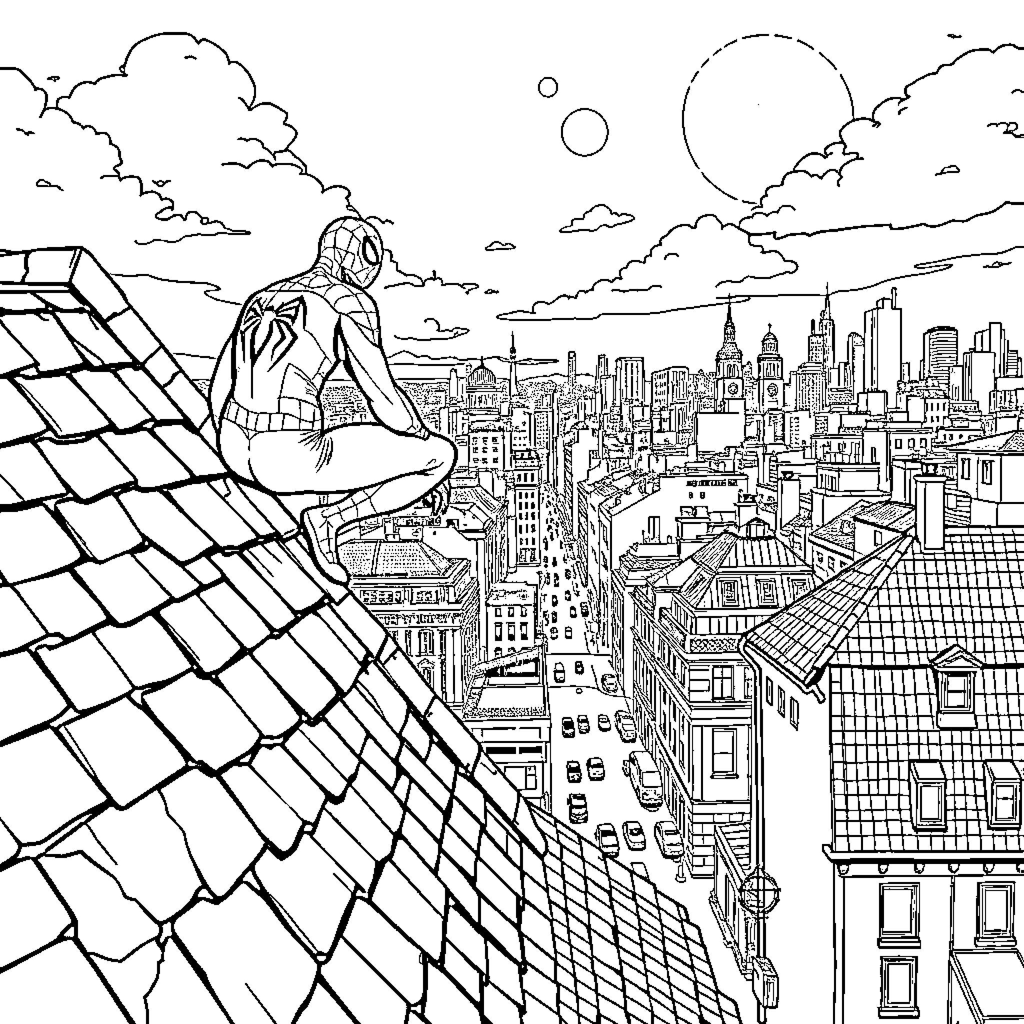 Spiderman overlooking the city skyline Coloring Page (free black-and-white line drawing printable PDF for all, from beginners to advanced learners, including children, teens, adults, and seniors)