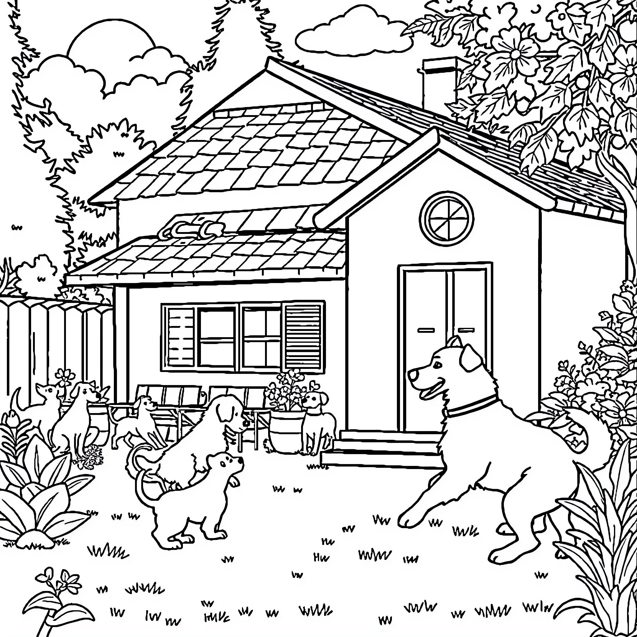 House with Dogs Playing in the Yard Coloring Page (free black-and-white line drawing printable PDF for all, from beginners to advanced learners, including children, teens, adults, and seniors)
