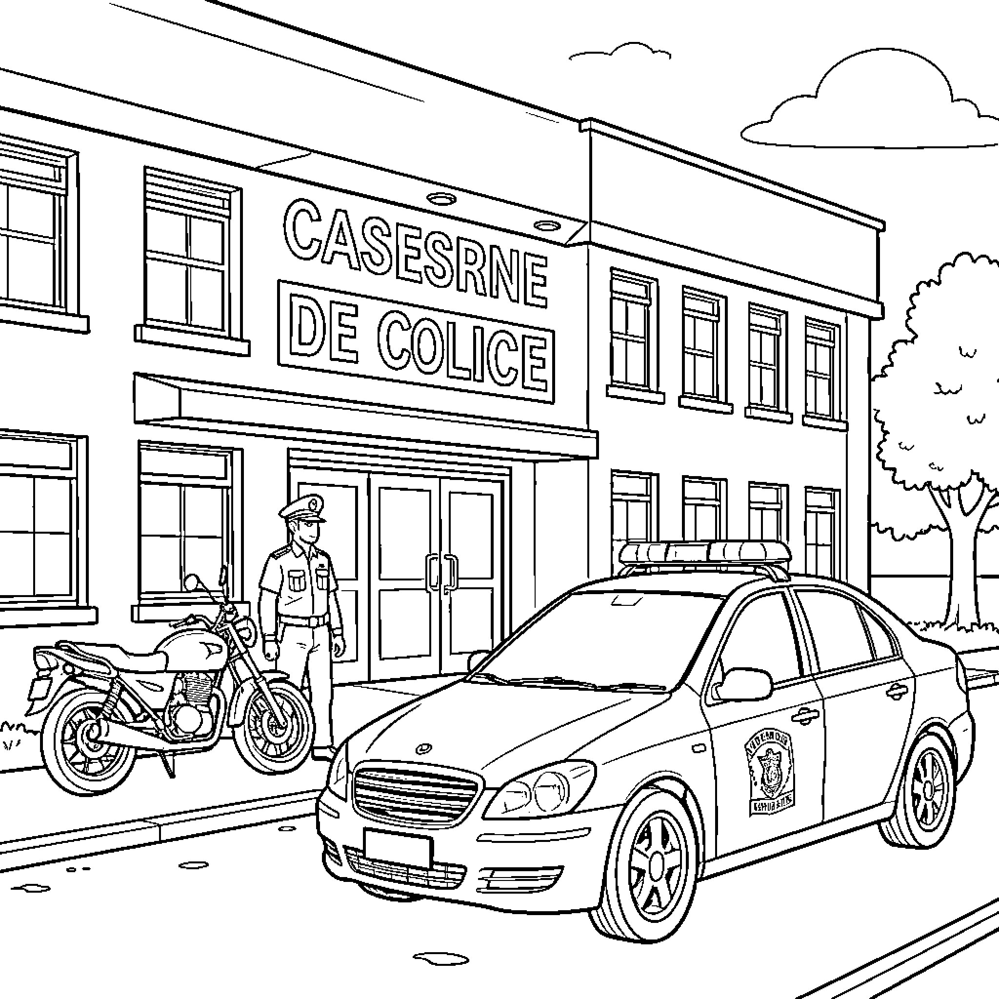 Police Station with officer standing near patrol car Coloring Page (free black-and-white line drawing printable PDF for all, from beginners to advanced learners, including children, teens, adults, and seniors)