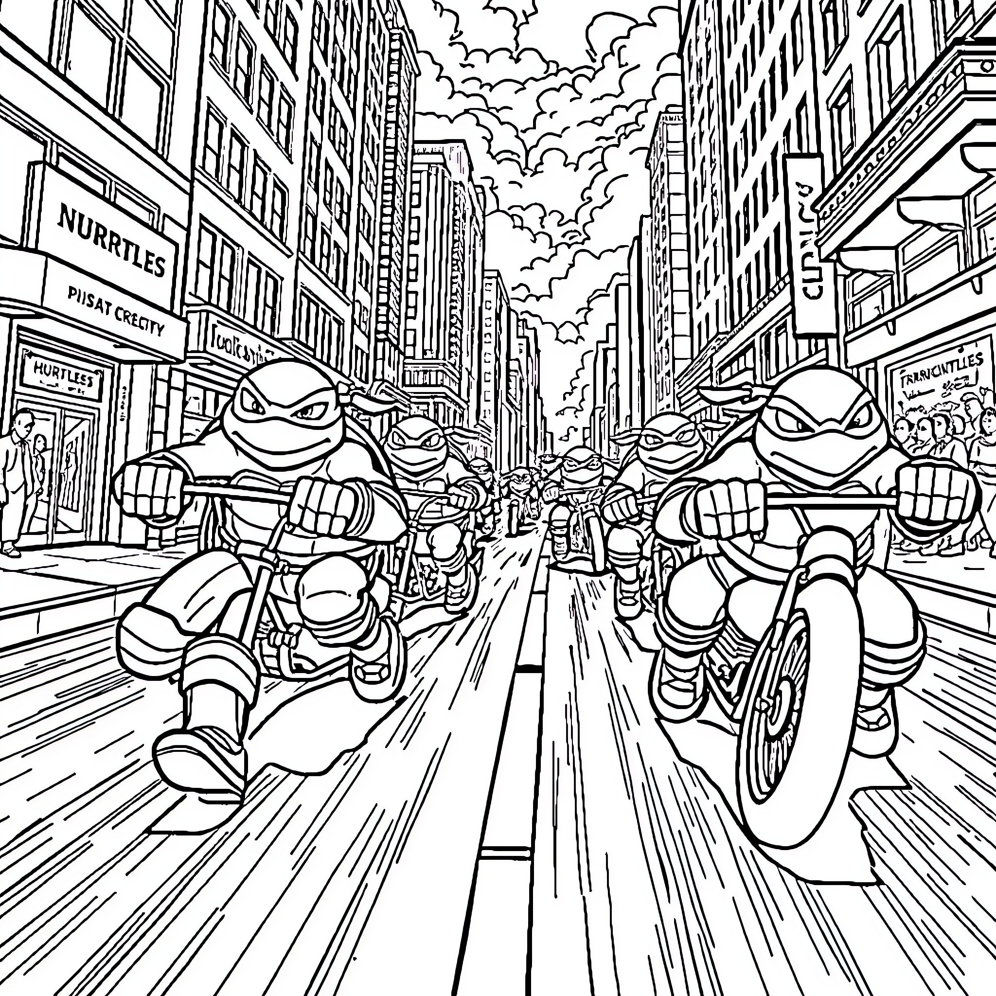 Teenage Mutant Ninja Turtles racing through the city streets Coloring Page (free black-and-white line drawing printable PDF for all, from beginners to advanced learners, including children, teens, adults, and seniors)