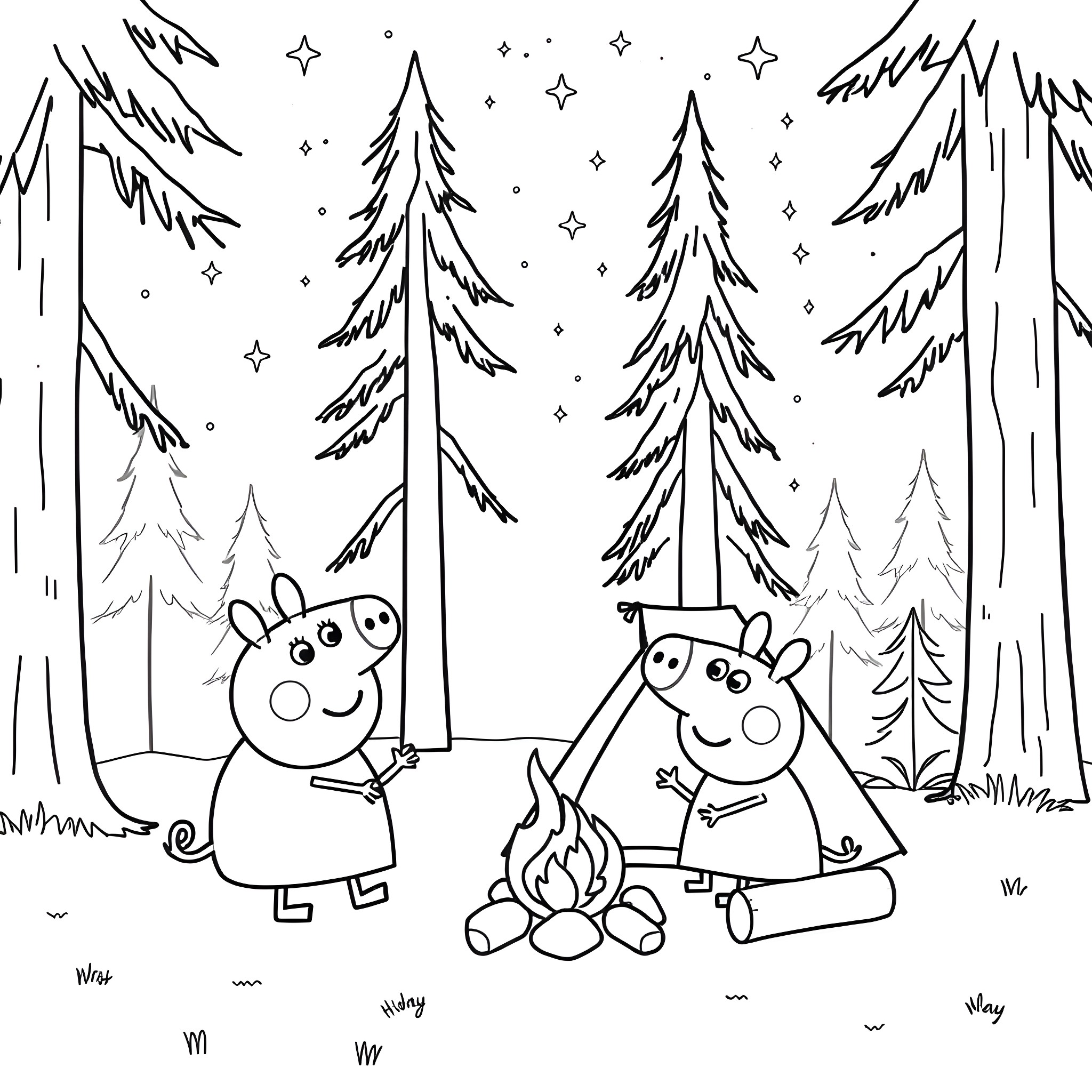 Peppa Pig and friends enjoying a winter camping adventure Coloring Page (free black-and-white line drawing printable PDF for all, from beginners to advanced learners, including children, teens, adults, and seniors)