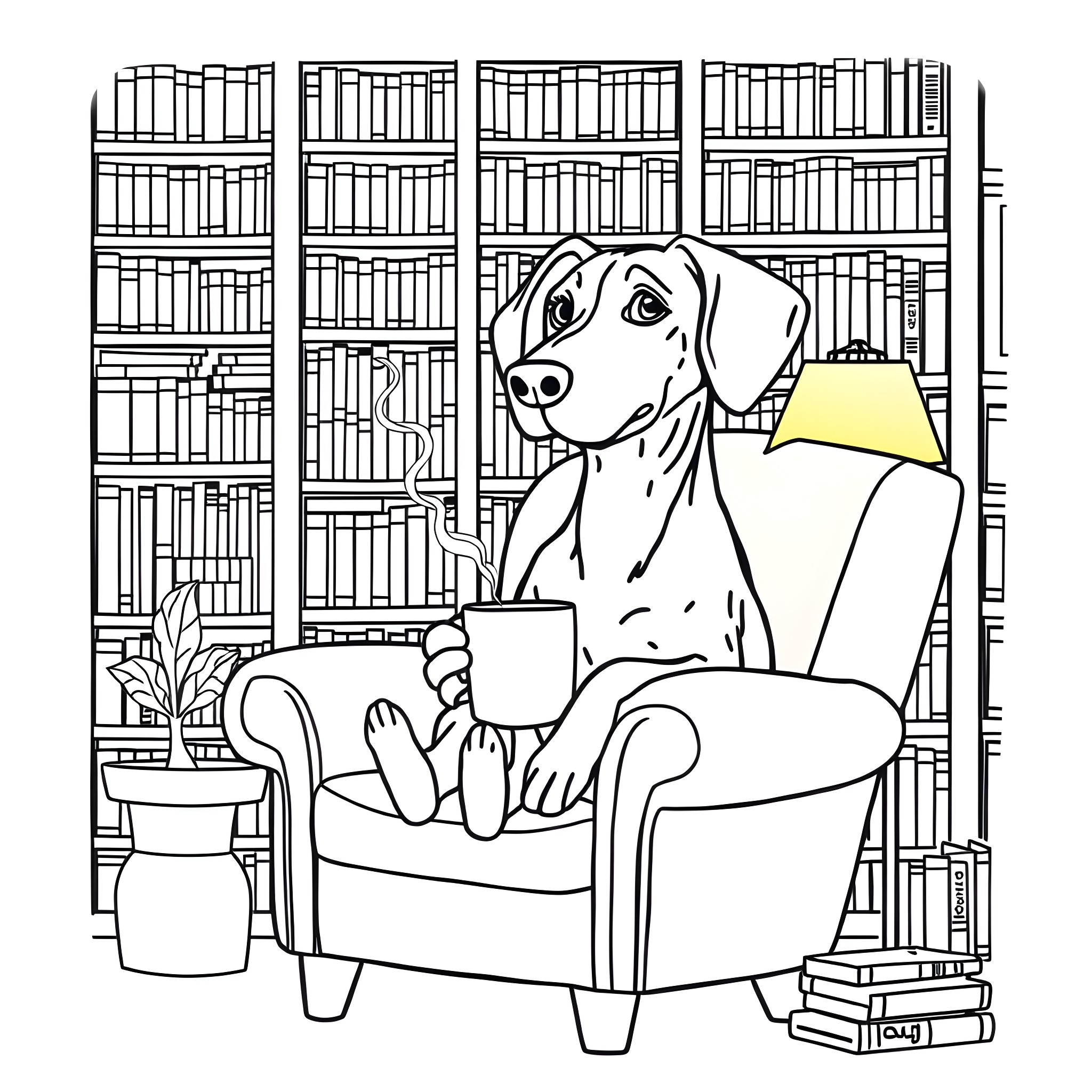 Wiener Dog Relaxing in Cozy Library Coloring Page (free black-and-white line drawing printable PDF for all, from beginners to advanced learners, including children, teens, adults, and seniors)