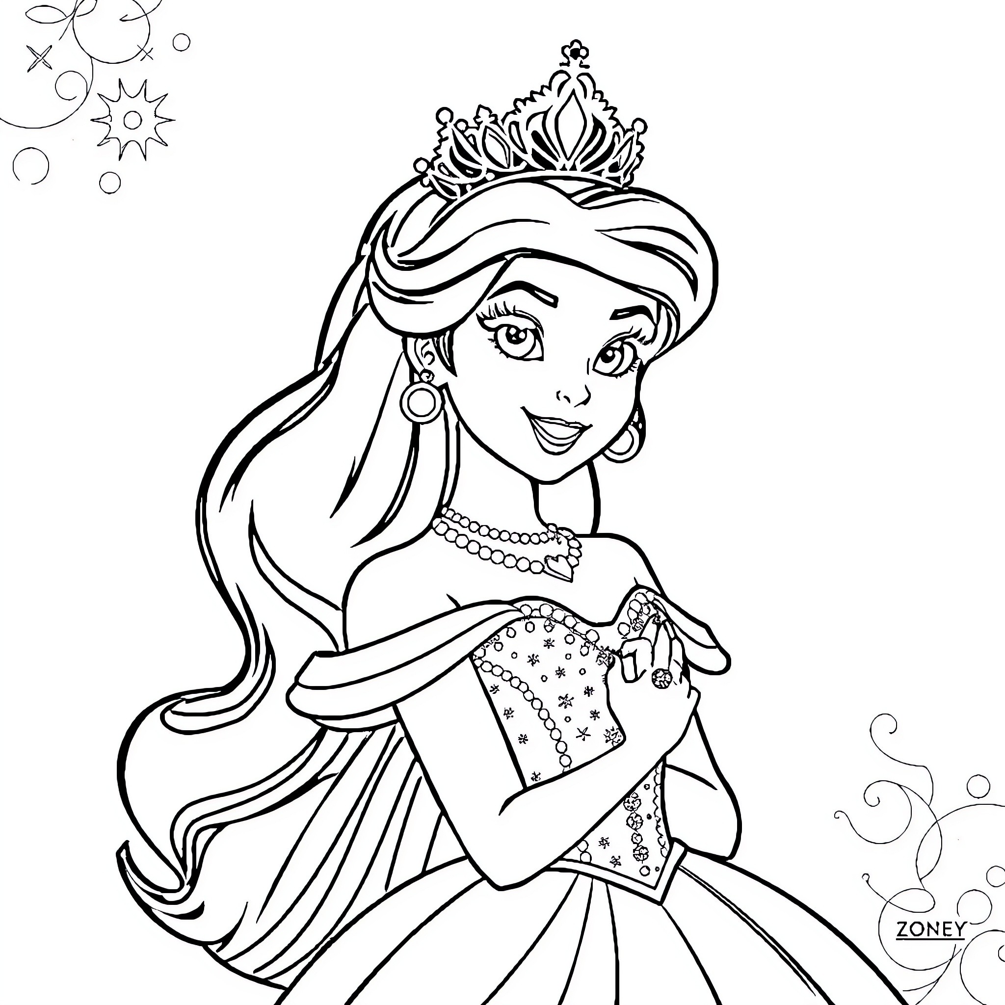 Disney Princess in Formal Attire and Crown Coloring Page (free black-and-white line drawing printable PDF for all, from beginners to advanced learners, including children, teens, adults, and seniors)