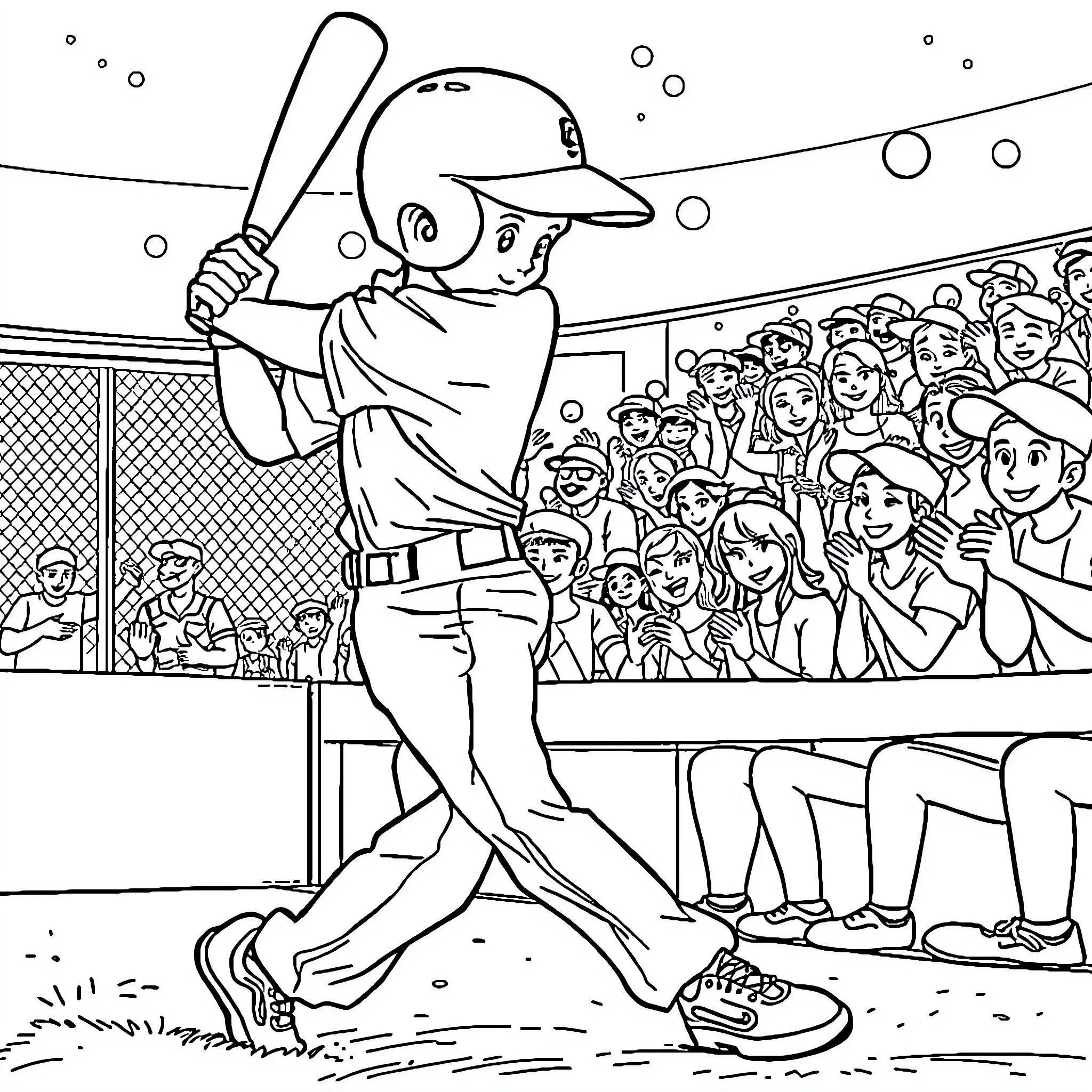 Baseball Player Batting in Front of Cheering Crowd Coloring Page (free black-and-white line drawing printable PDF for all, from beginners to advanced learners, including children, teens, adults, and seniors)