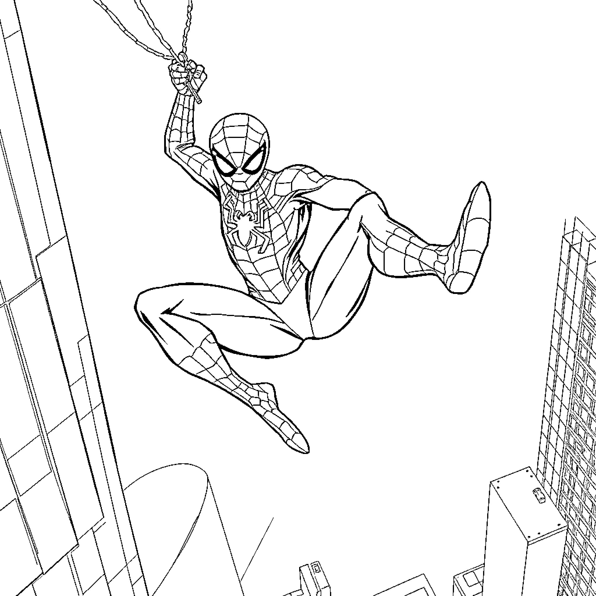 Spider-Man heroically swinging through the city Coloring Page (free black-and-white line drawing printable PDF for all, from beginners to advanced learners, including children, teens, adults, and seniors)