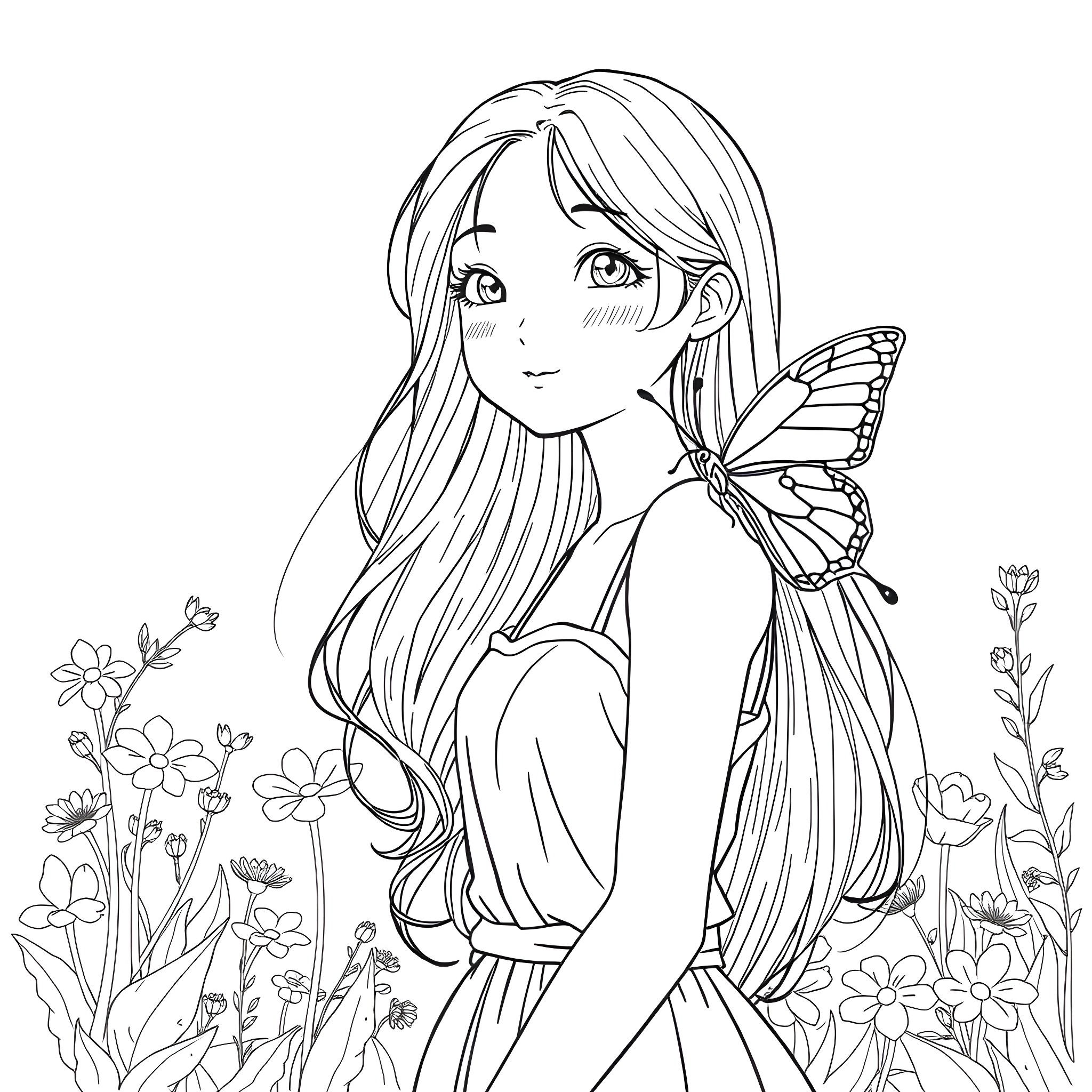 Girl with butterfly wings in a floral meadow Coloring Page (free black-and-white line drawing printable PDF for all, from beginners to advanced learners, including children, teens, adults, and seniors)