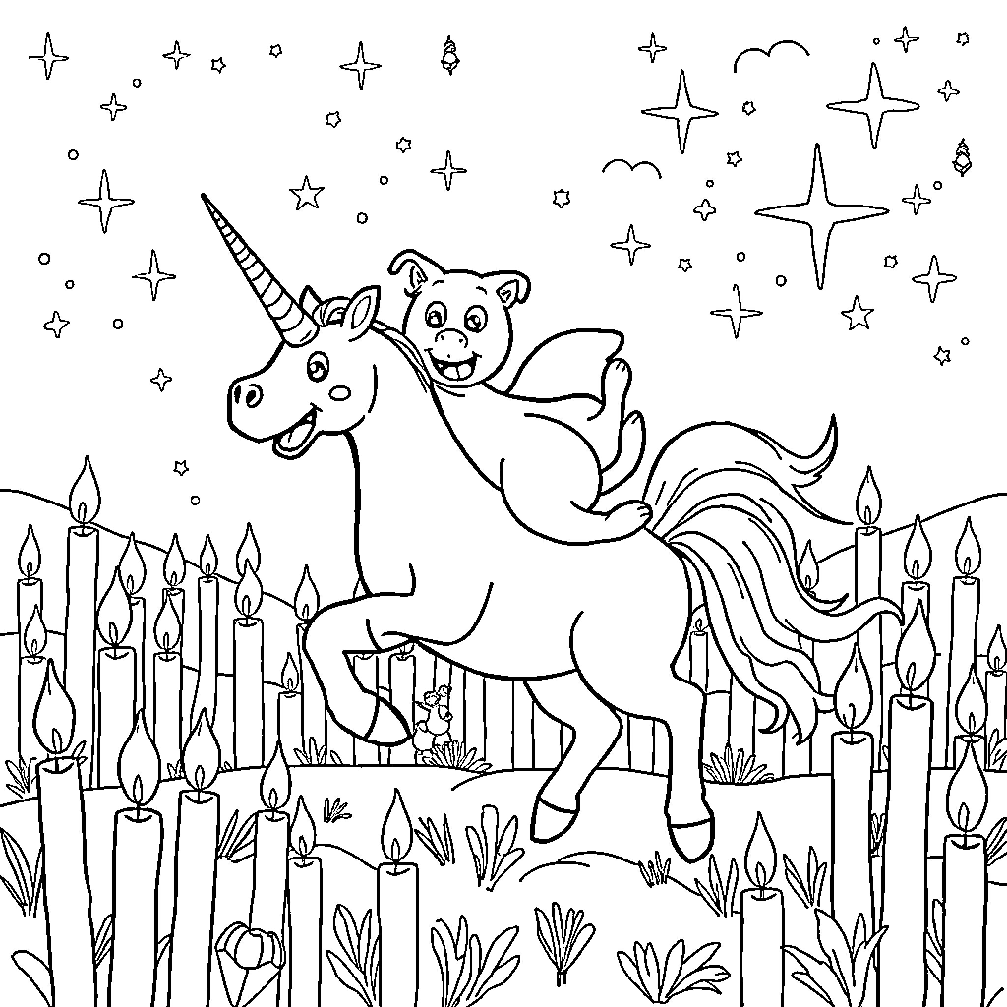 Bluey's Magical Unicorn Adventure Coloring Page (free black-and-white line drawing printable PDF for all, from beginners to advanced learners, including children, teens, adults, and seniors)