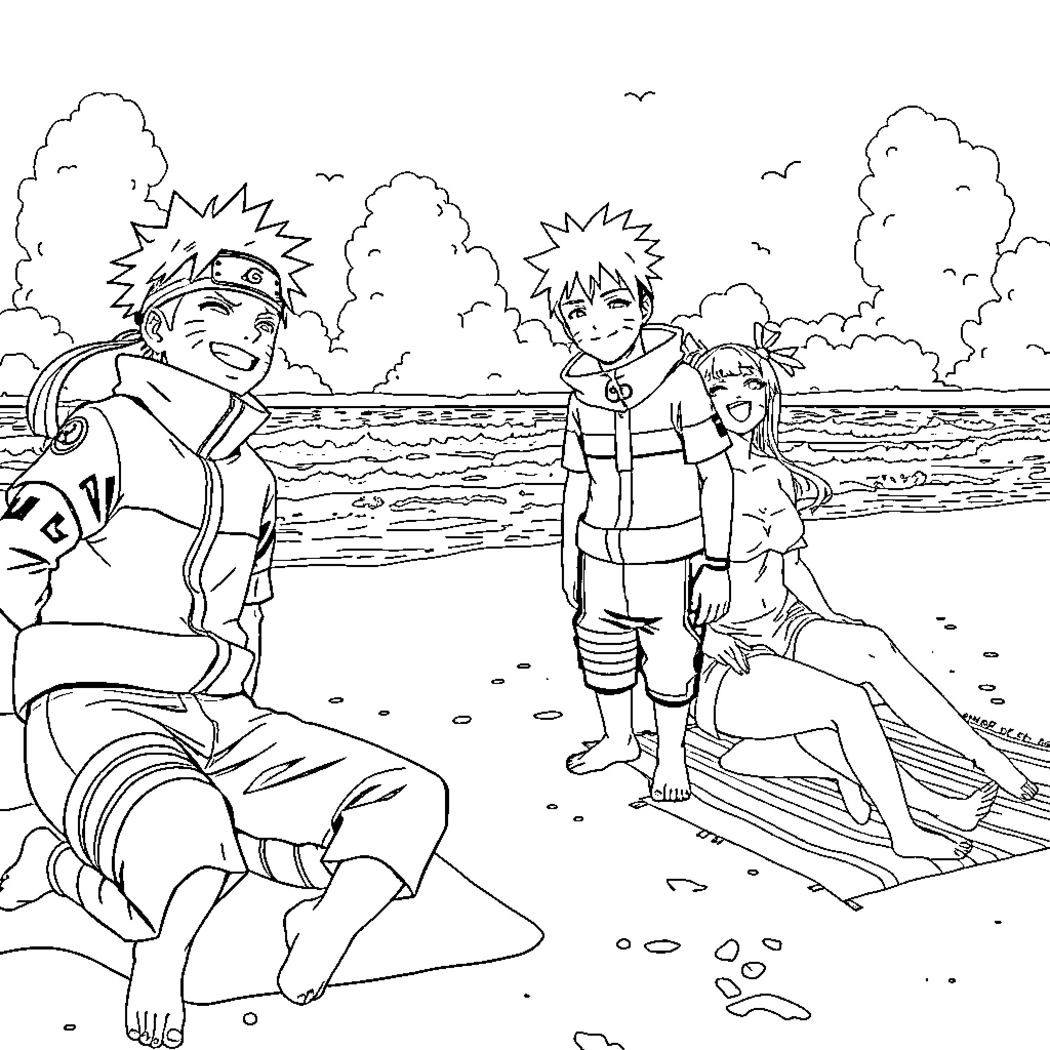 Naruto enjoying time with friends at the beach Coloring Page (free black-and-white line drawing printable PDF for all, from beginners to advanced learners, including children, teens, adults, and seniors)