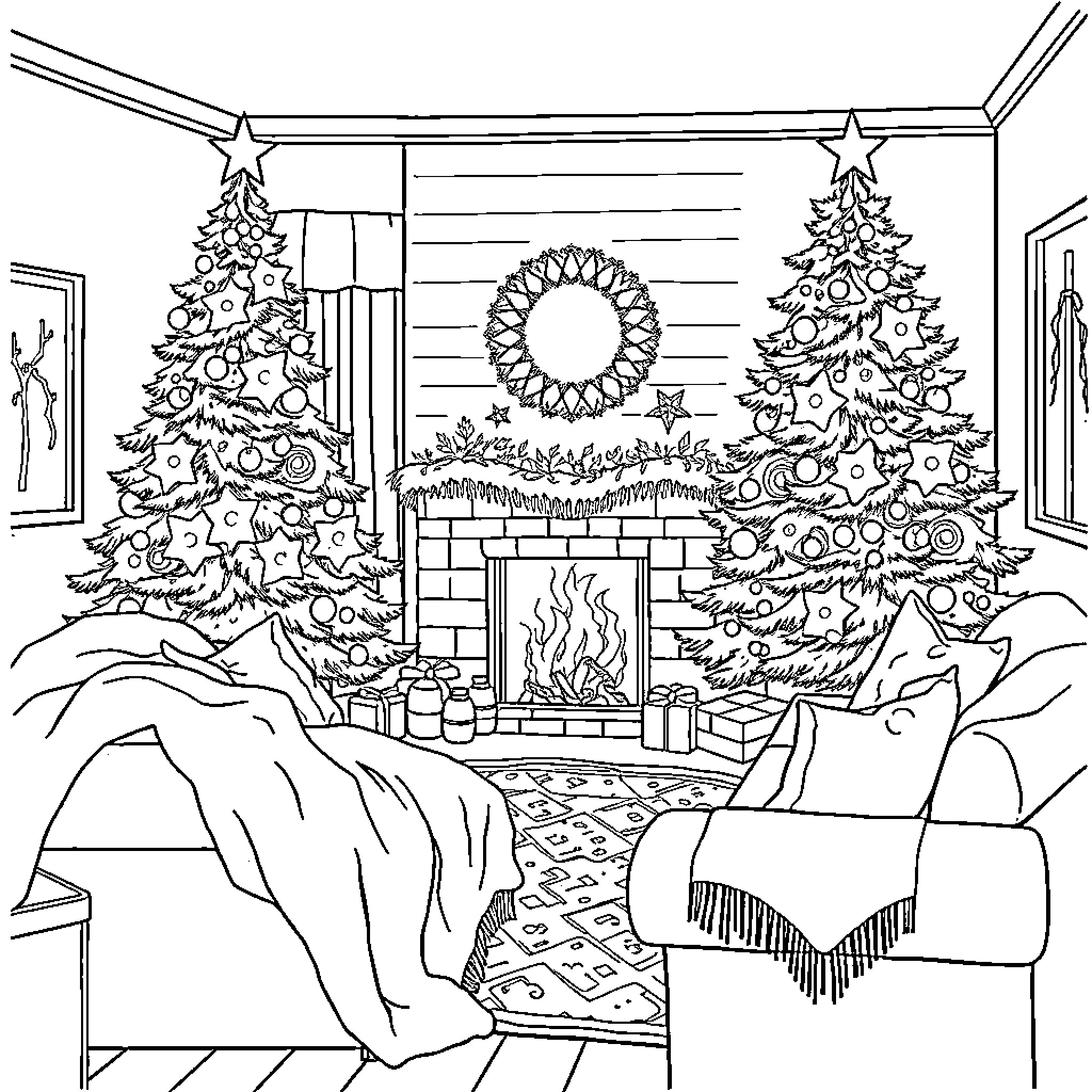 Living Room Decorated for Christmas Coloring Page (free black-and-white line drawing printable PDF for all, from beginners to advanced learners, including children, teens, adults, and seniors)