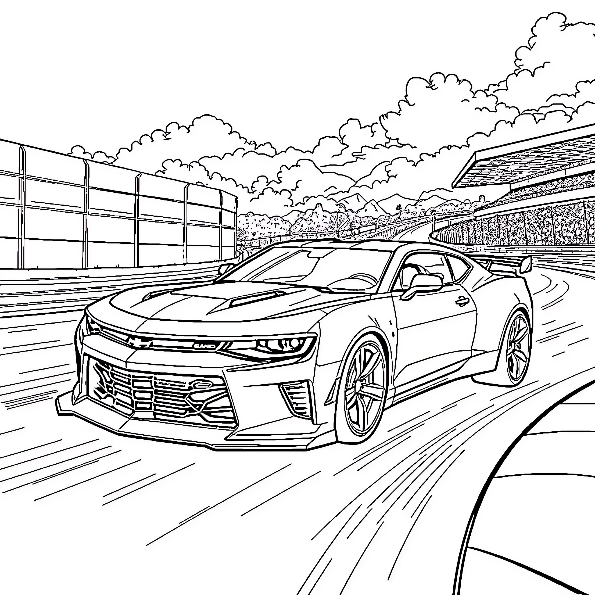 Camaro speeding on racetrack with cloudy sky Coloring Page (free black-and-white line drawing printable PDF for all, from beginners to advanced learners, including children, teens, adults, and seniors)