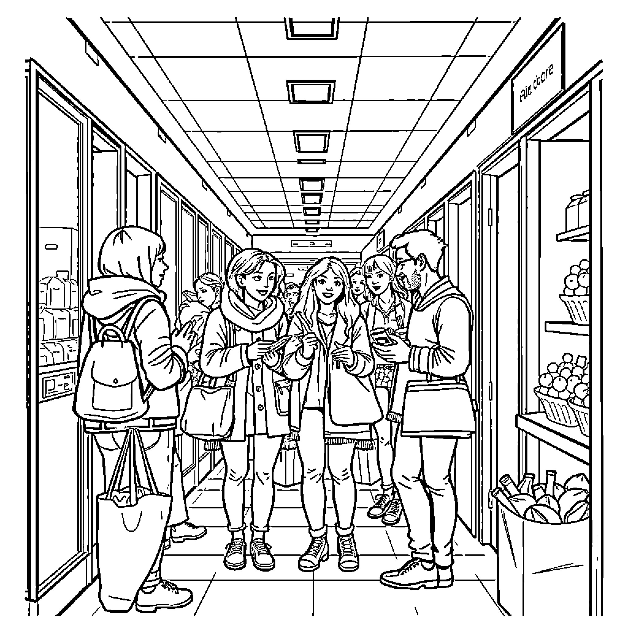 Grocery Store Shopping with Friends Coloring Page (free black-and-white line drawing printable PDF for all, from beginners to advanced learners, including children, teens, adults, and seniors)
