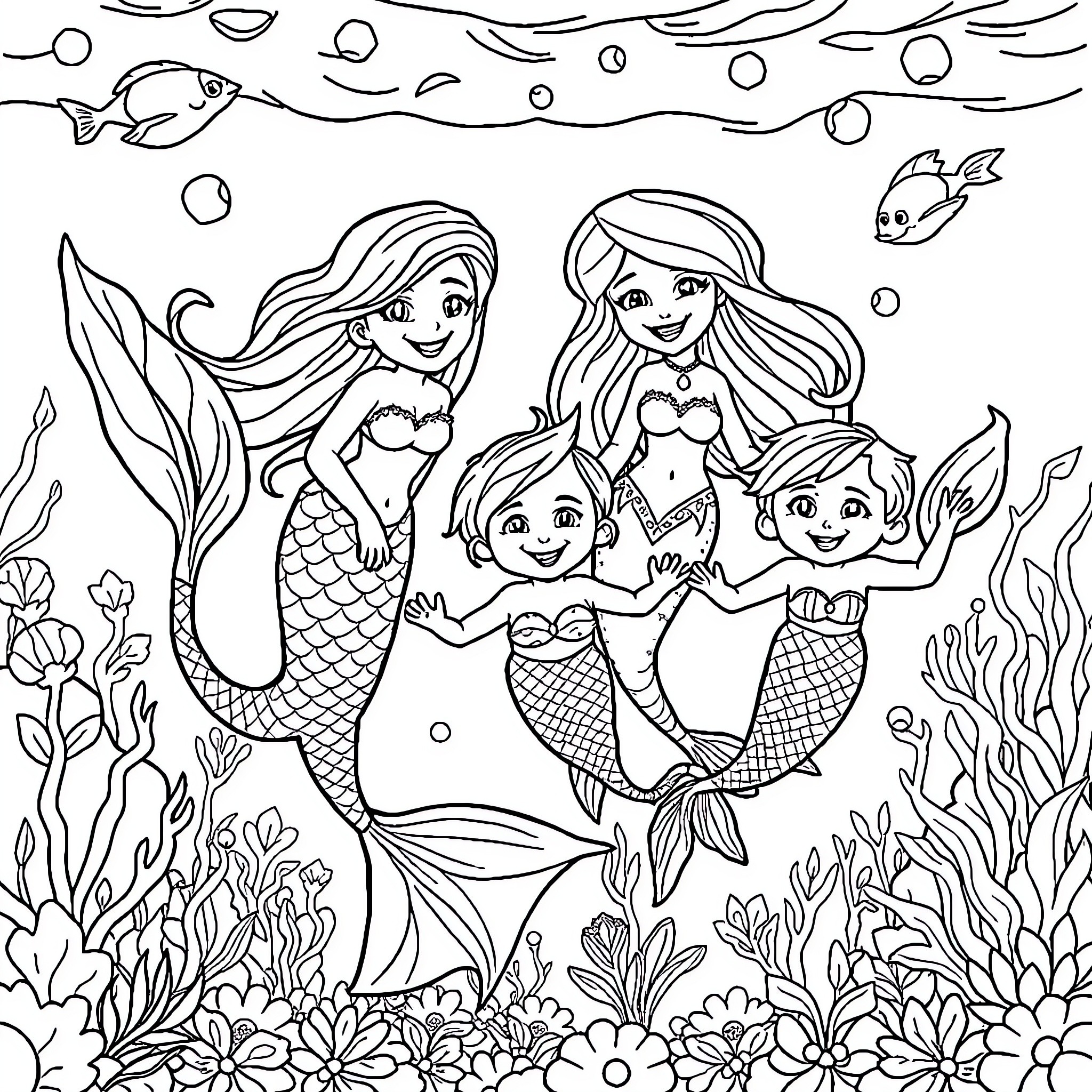 Mermaid Family Frolicking in the Underwater Garden Coloring Page (free black-and-white line drawing printable PDF for all, from beginners to advanced learners, including children, teens, adults, and seniors)