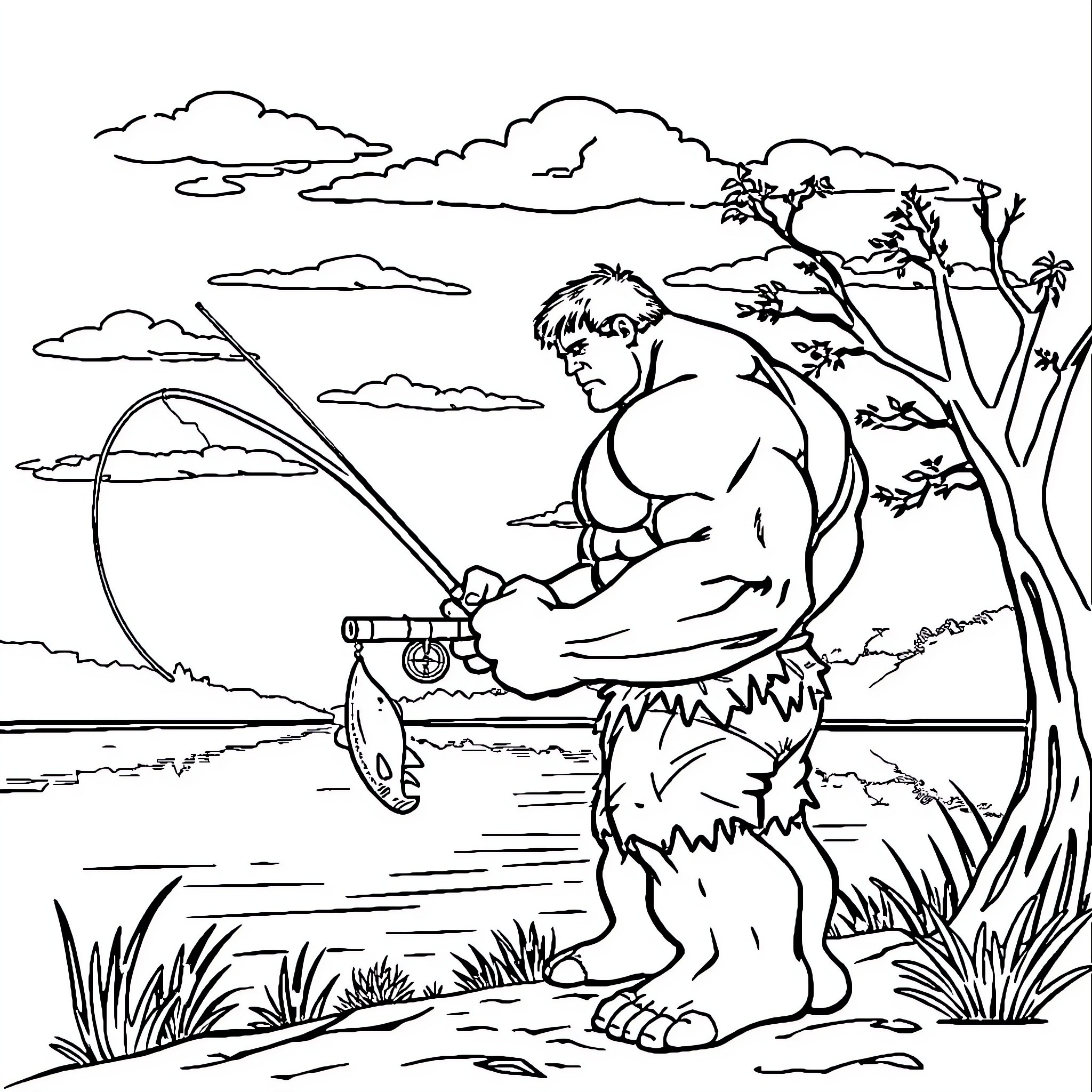 Hulk Fishing in the Wild Outdoors Coloring Page (free black-and-white line drawing printable PDF for all, from beginners to advanced learners, including children, teens, adults, and seniors)