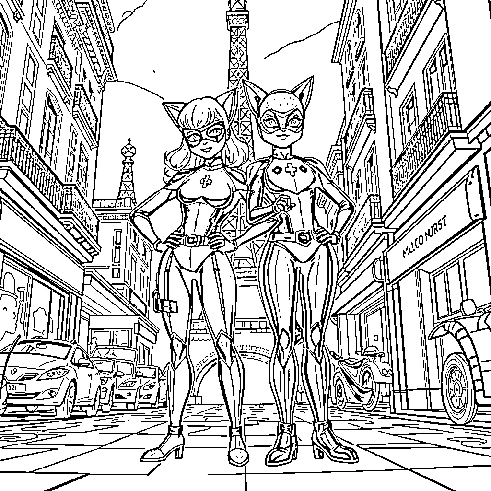 Ladybug and Cat Noir in Paris adventure Coloring Page (free black-and-white line drawing printable PDF for all, from beginners to advanced learners, including children, teens, adults, and seniors)