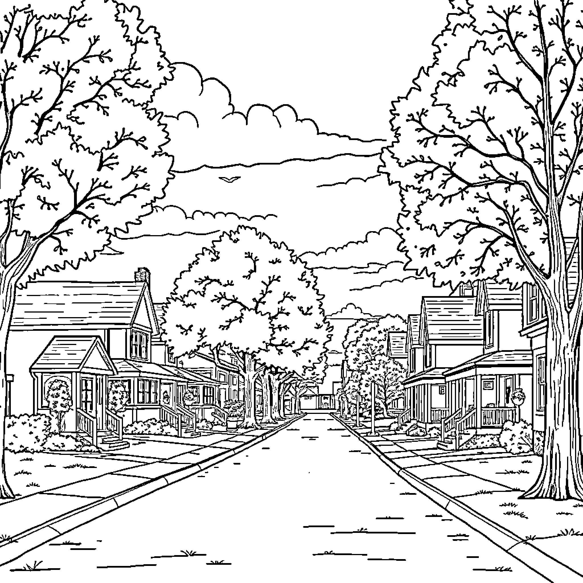 Fairfield Village Street Scene with Trees and Houses Coloring Page (free black-and-white line drawing printable PDF for all, from beginners to advanced learners, including children, teens, adults, and seniors)