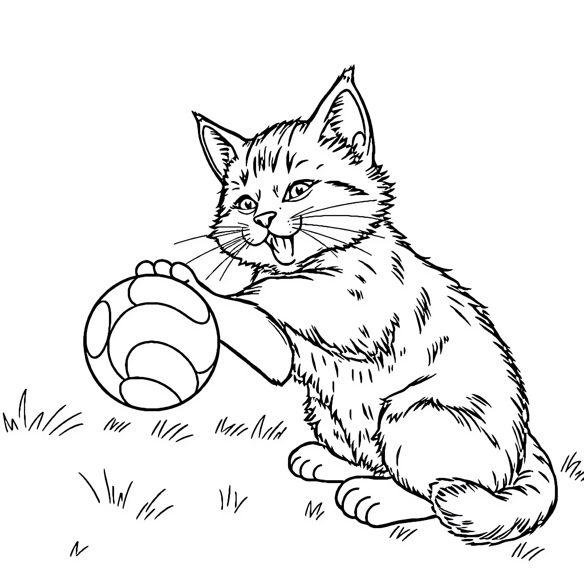 Cat playing with a ball on the grass Coloring Page (free black-and-white line drawing printable PDF for all, from beginners to advanced learners, including children, teens, adults, and seniors)