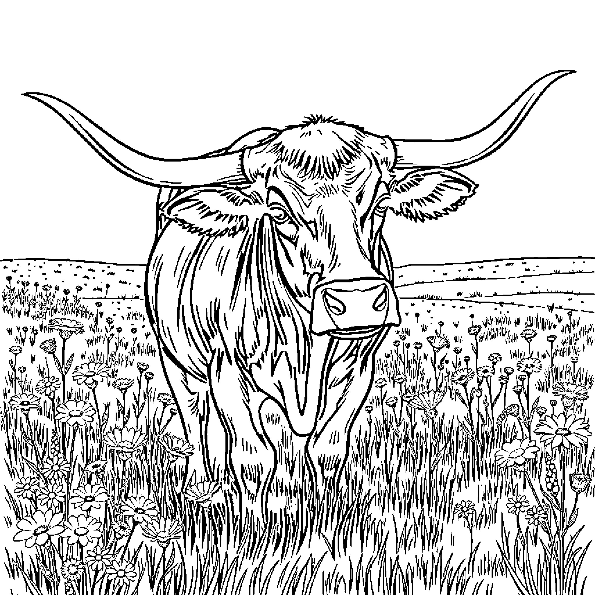 Longhorn grazing peacefully in the meadow Coloring Page (free black-and-white line drawing printable PDF for all, from beginners to advanced learners, including children, teens, adults, and seniors)