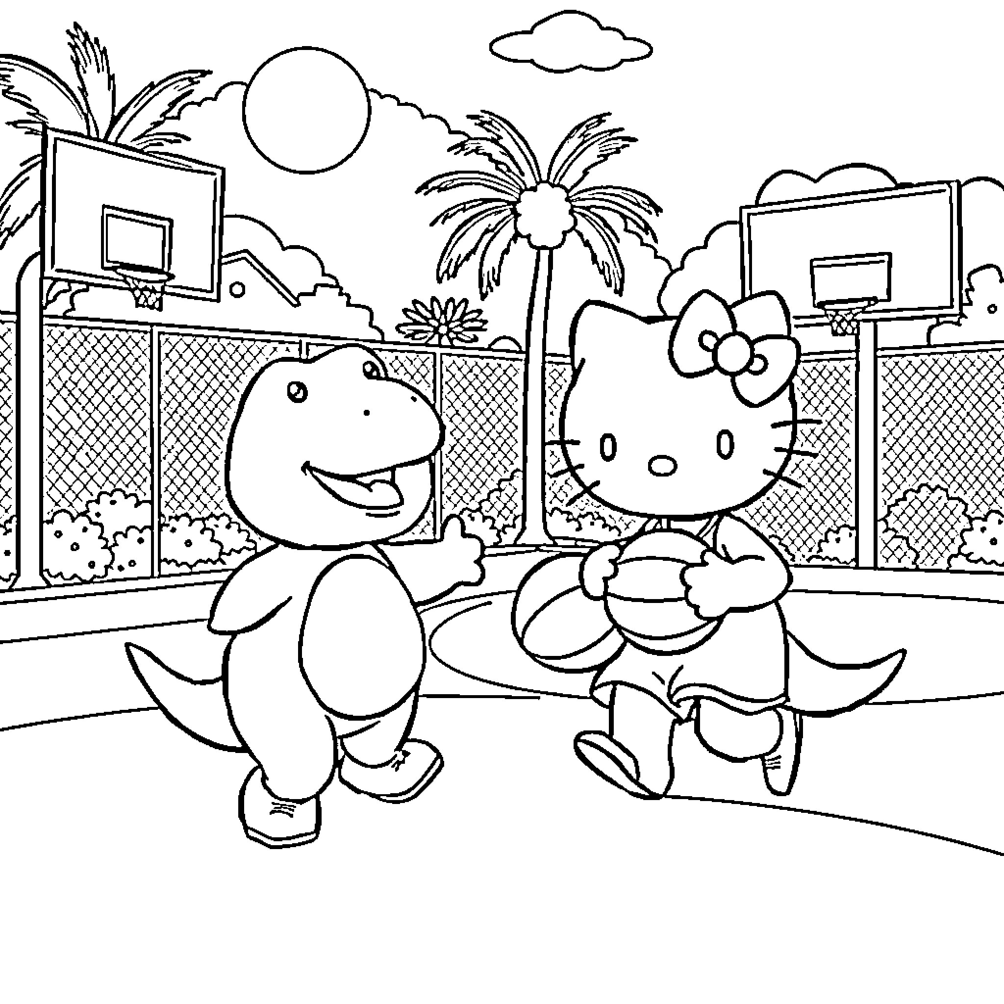 Hello Kitty playing basketball with friends in the park Coloring Page (free black-and-white line drawing printable PDF for all, from beginners to advanced learners, including children, teens, adults, and seniors)
