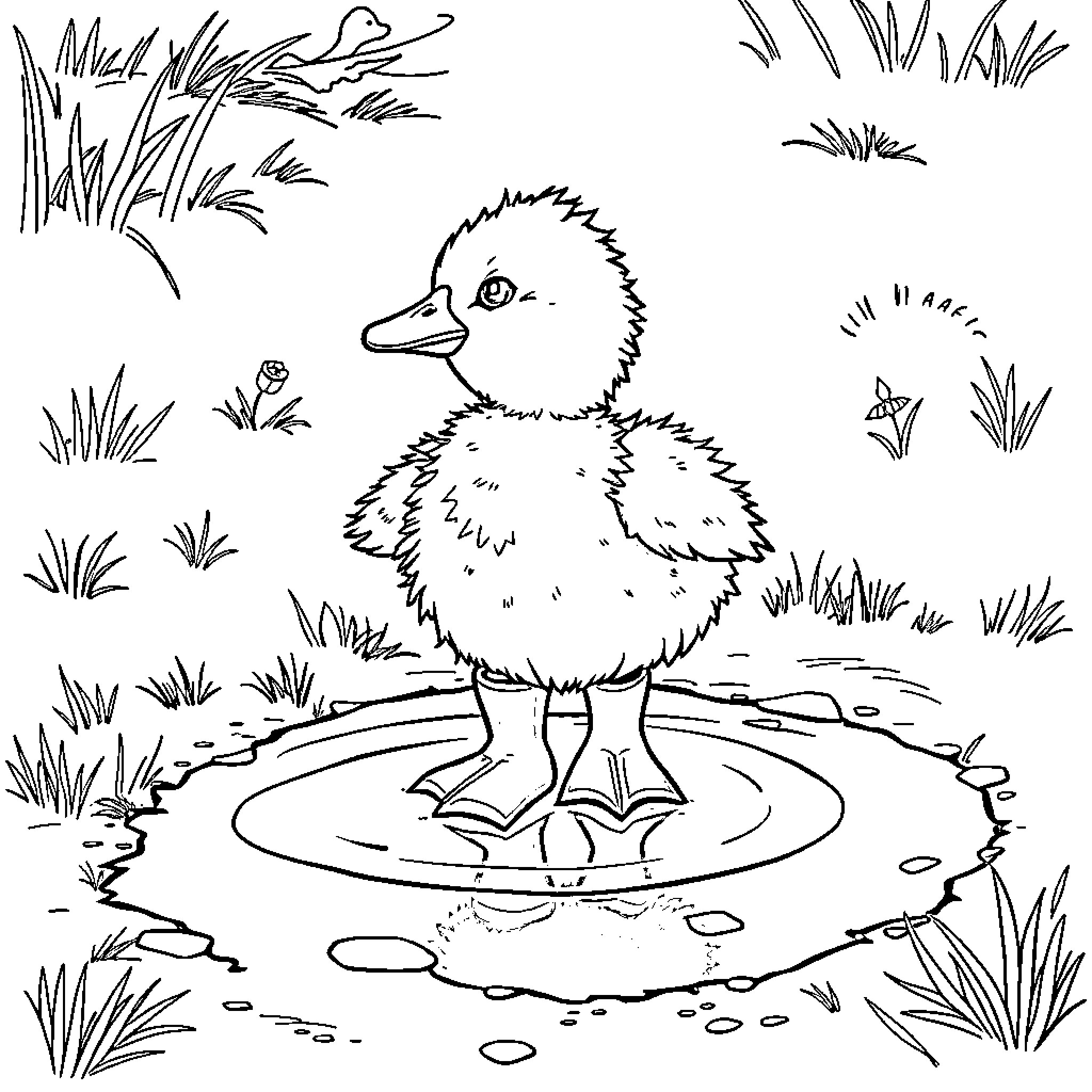Duckling exploring a pond with tall grass Coloring Page (free black-and-white line drawing printable PDF for all, from beginners to advanced learners, including children, teens, adults, and seniors)