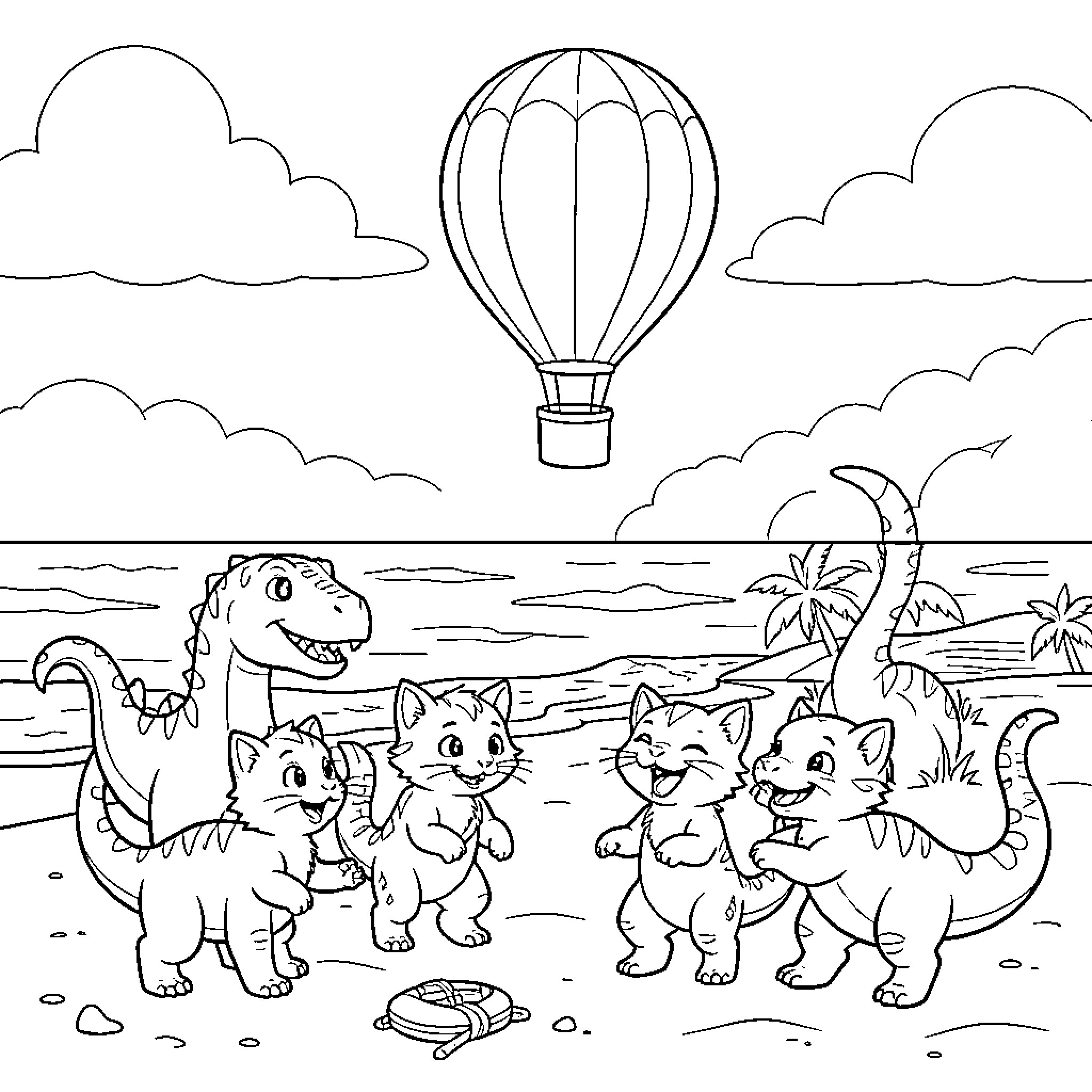 Dinosaur and kittens playing together near a hot air balloon Coloring Page (free black-and-white line drawing printable PDF for all, from beginners to advanced learners, including children, teens, adults, and seniors)