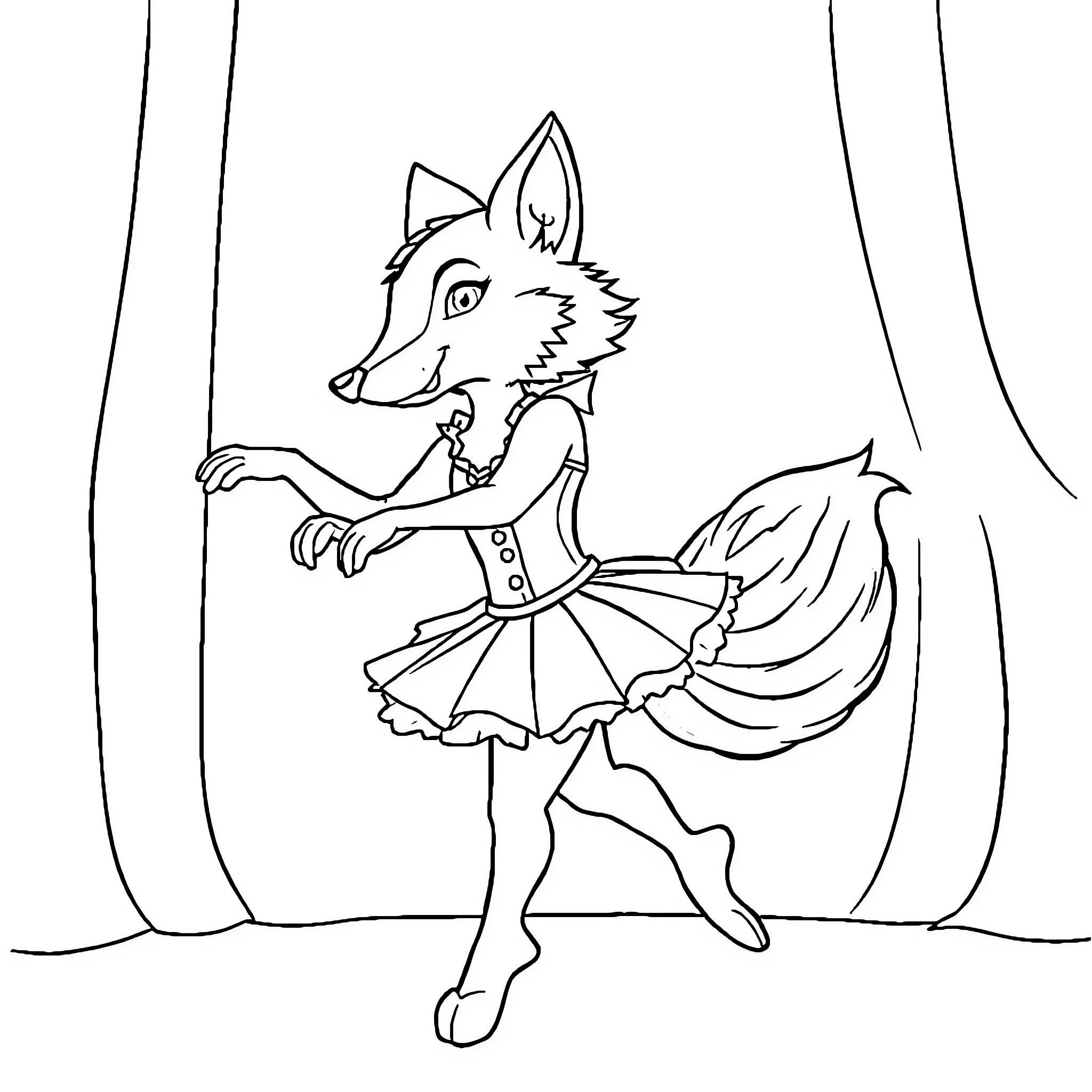 Wolf ballerina dancing in the spotlight Coloring Page (free black-and-white line drawing printable PDF for all, from beginners to advanced learners, including children, teens, adults, and seniors)
