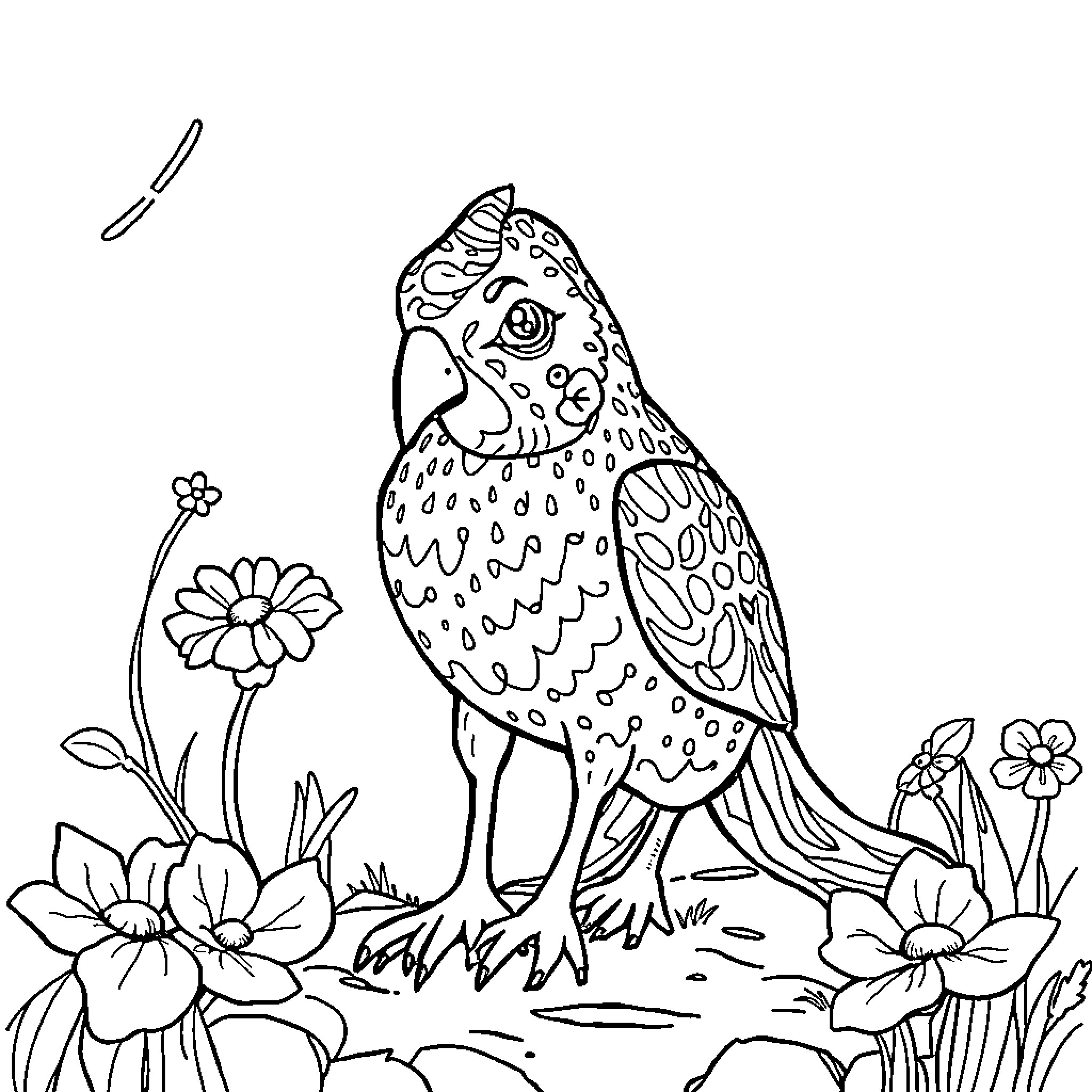 Father and colorful bird in vibrant garden Coloring Page (free black-and-white line drawing printable PDF for all, from beginners to advanced learners, including children, teens, adults, and seniors)