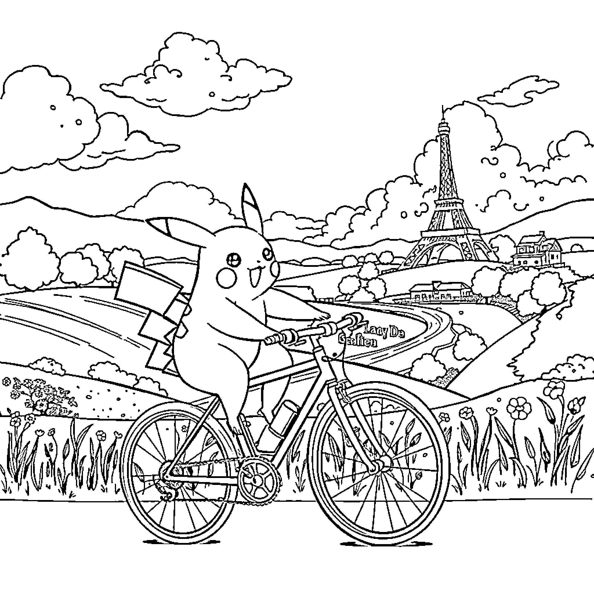 Pikachu riding a bicycle through Paris Coloring Page (free black-and-white line drawing printable PDF for all, from beginners to advanced learners, including children, teens, adults, and seniors)