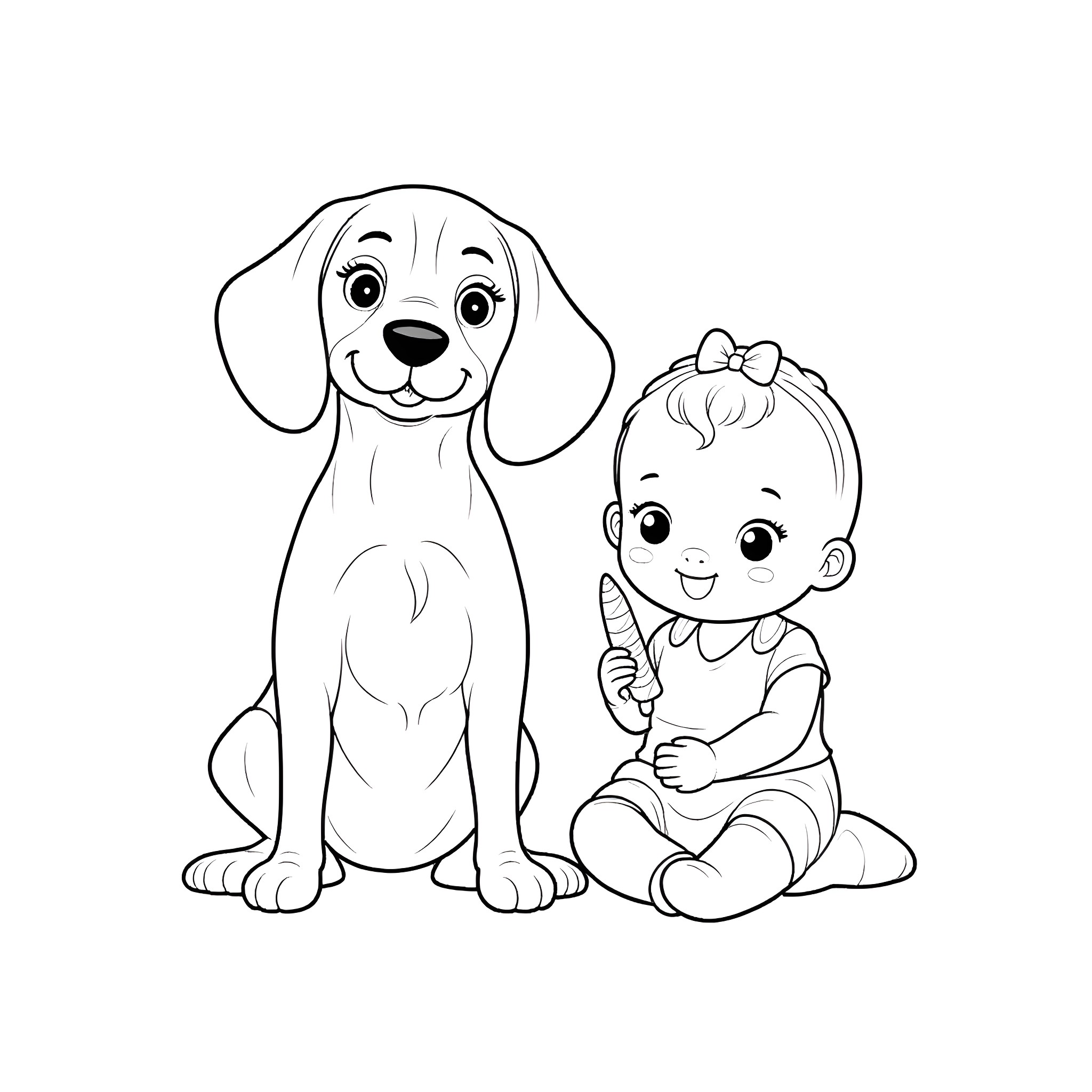 Beagle puppy and baby girl playing together Coloring Page (free black-and-white line drawing printable PDF for all, from beginners to advanced learners, including children, teens, adults, and seniors)