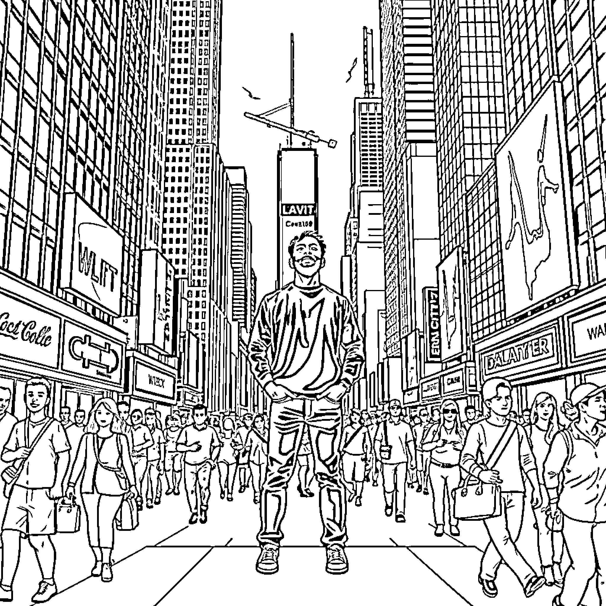 Man navigating the bustling city streets Coloring Page (free black-and-white line drawing printable PDF for all, from beginners to advanced learners, including children, teens, adults, and seniors)