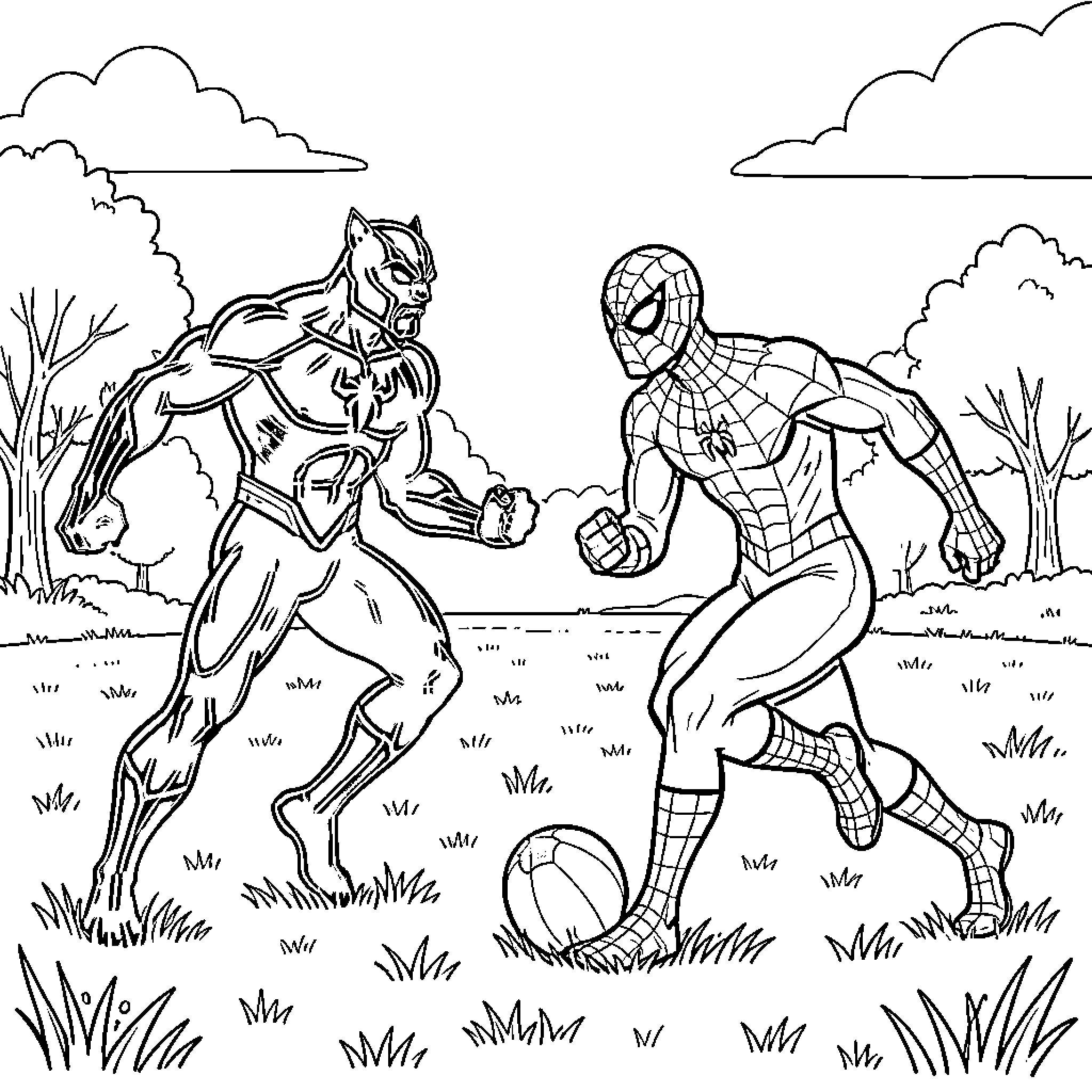 Black Panther and Spider-Man playing soccer together Coloring Page (free black-and-white line drawing printable PDF for all, from beginners to advanced learners, including children, teens, adults, and seniors)