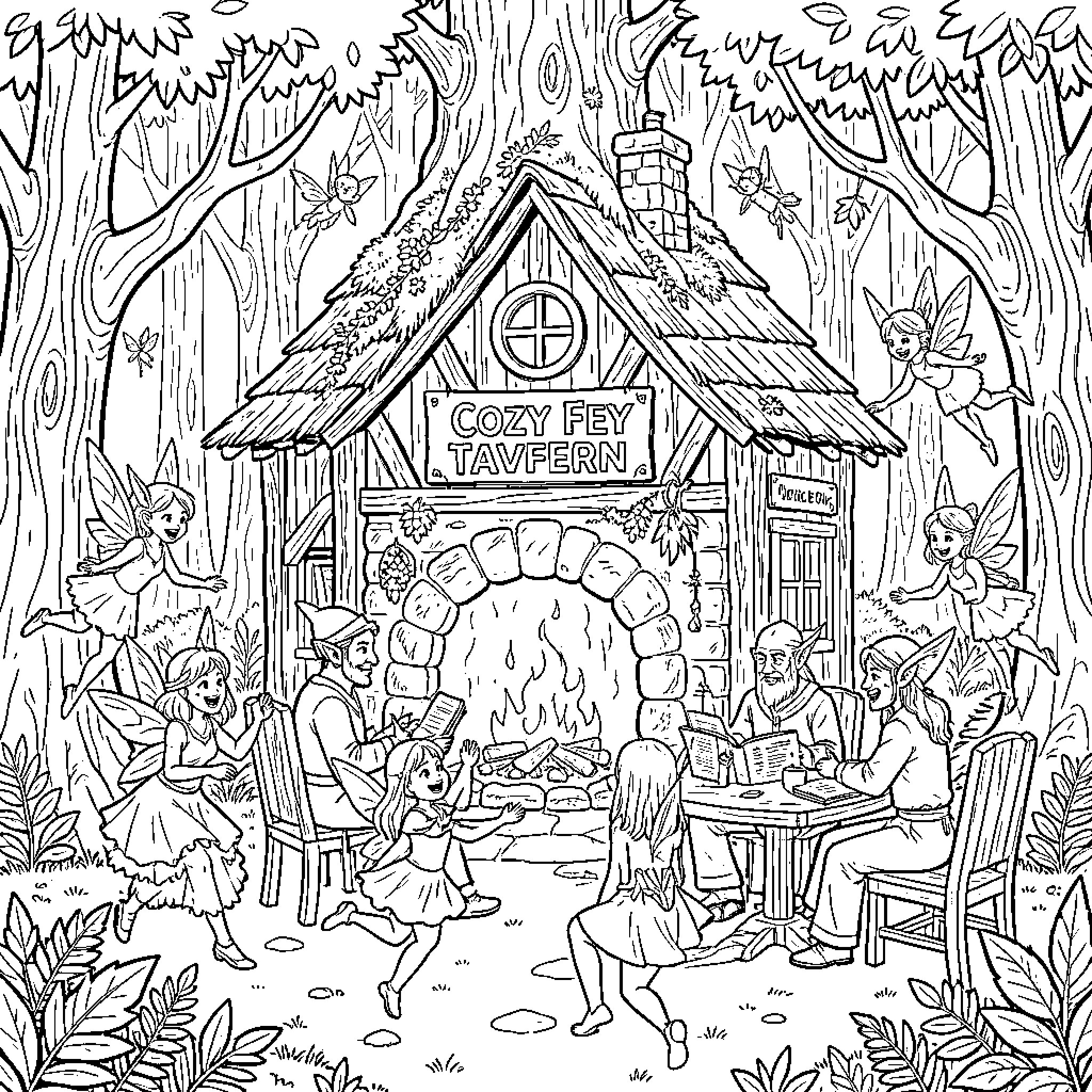Tavern in the Enchanted Forest Coloring Page (free black-and-white line drawing printable PDF for all, from beginners to advanced learners, including children, teens, adults, and seniors)