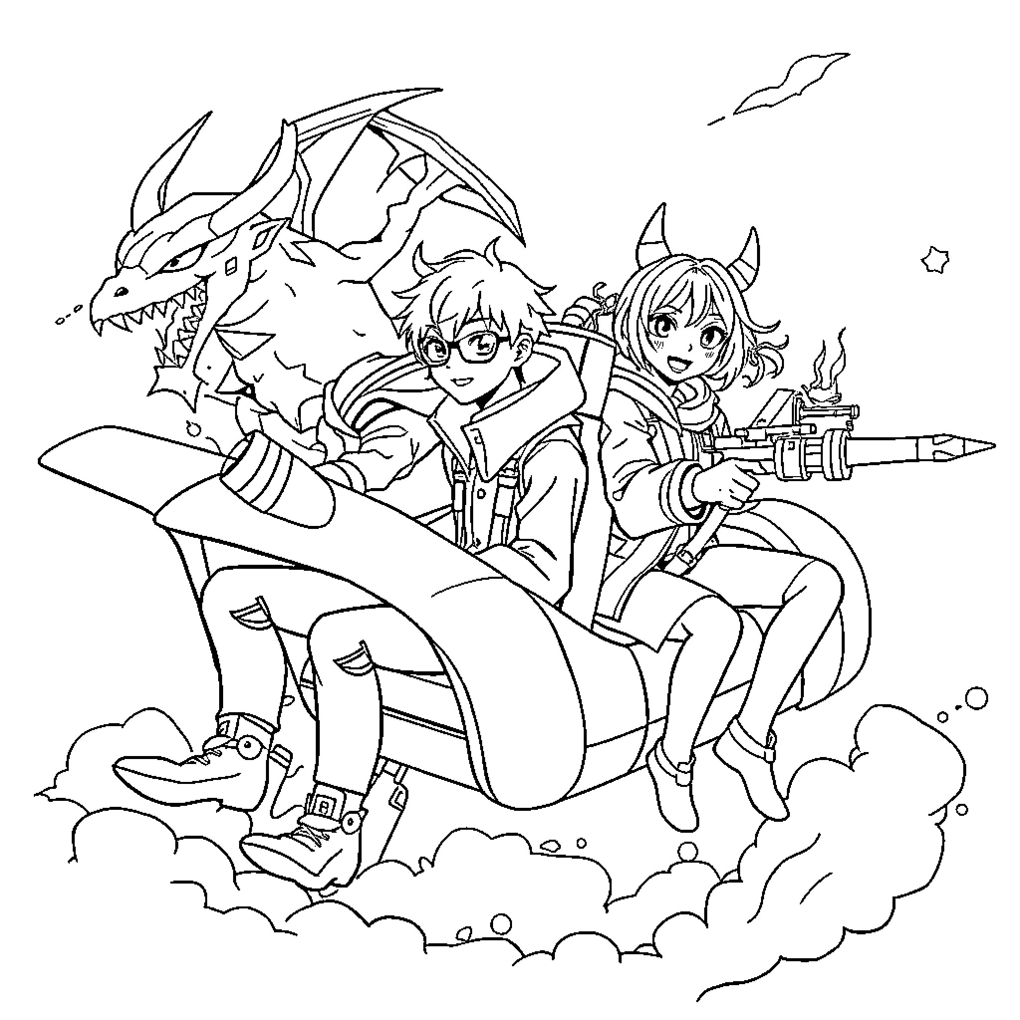 Demon Hunter and Warrior Battling Fierce Dragon Coloring Page (free black-and-white line drawing printable PDF for all, from beginners to advanced learners, including children, teens, adults, and seniors)