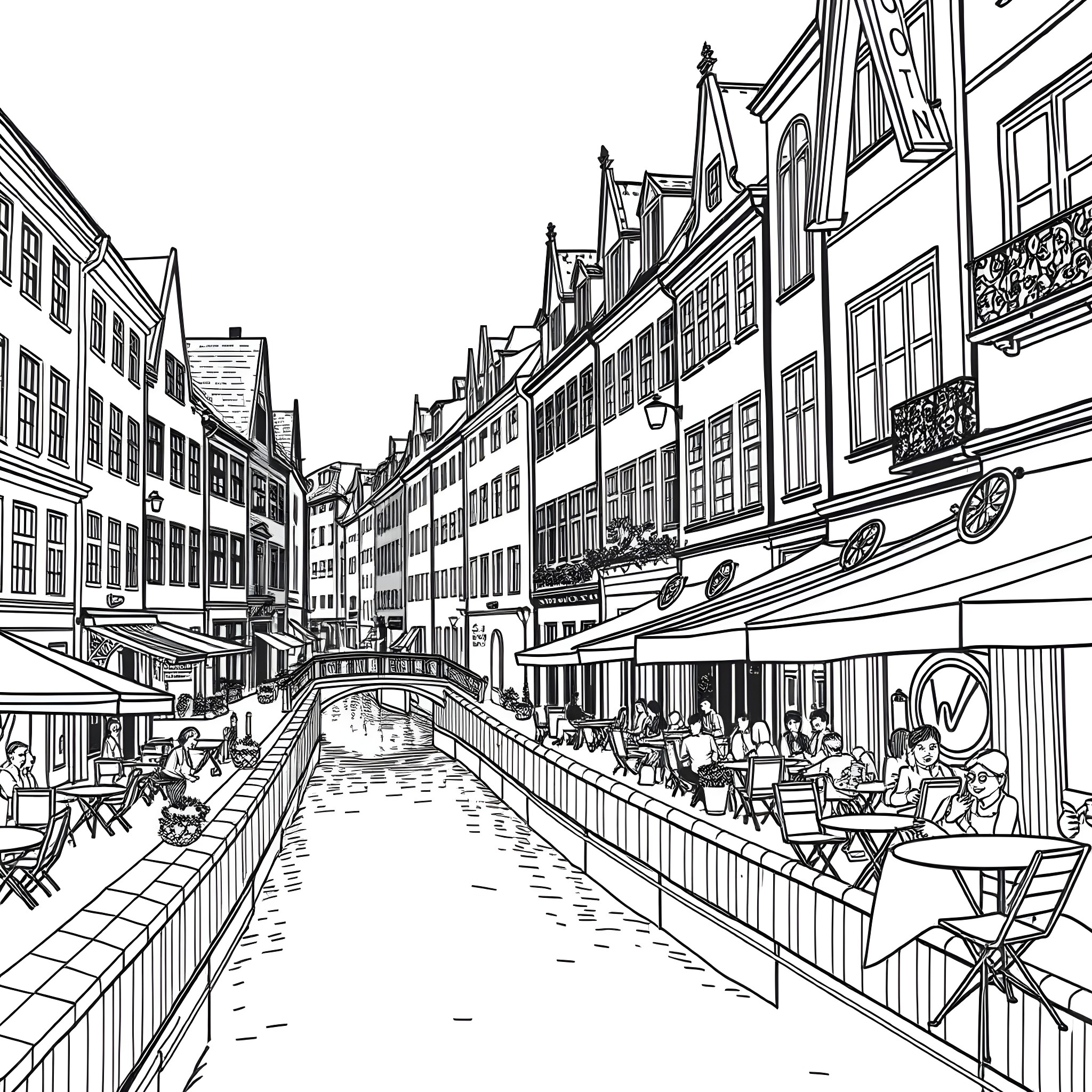 Sonic's Whimsical Canal Adventure in Quaint City Coloring Page (free black-and-white line drawing printable PDF for all, from beginners to advanced learners, including children, teens, adults, and seniors)