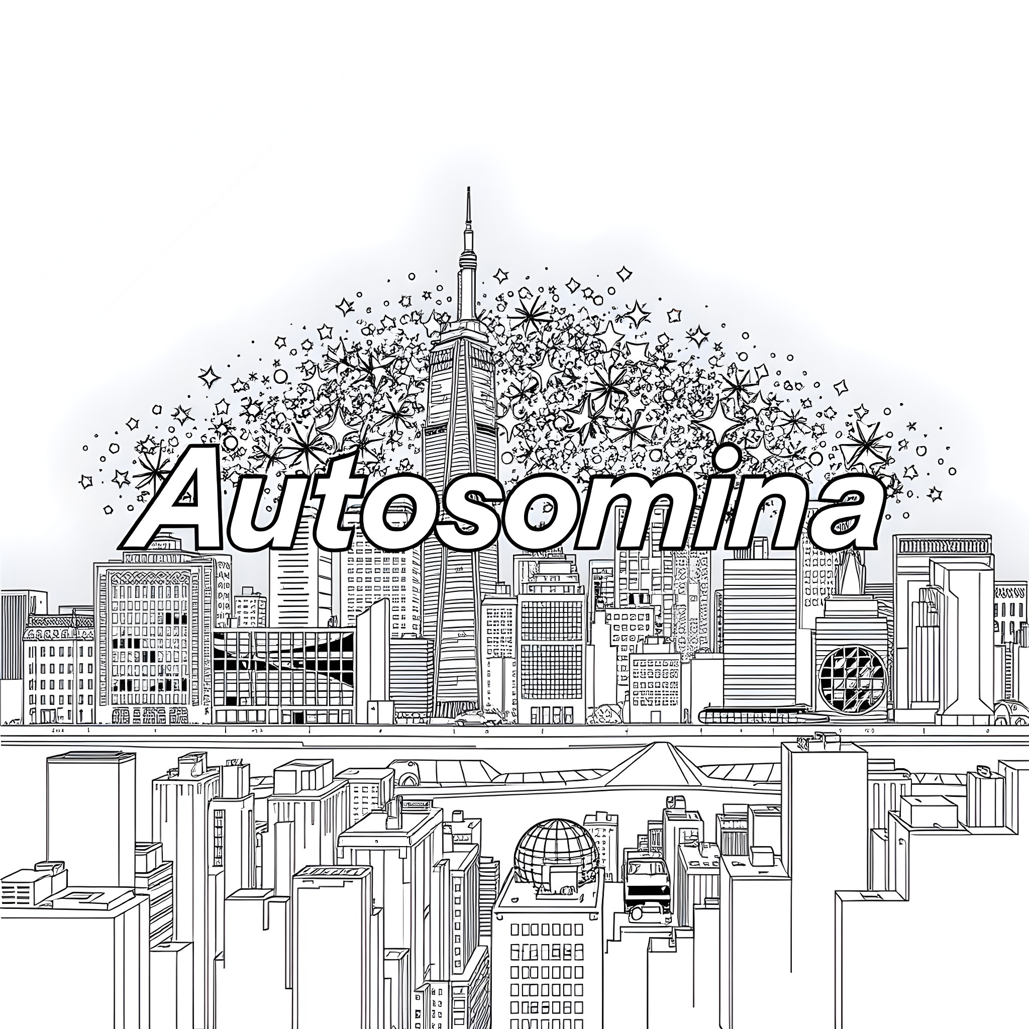 Autosomina: Cityscape with Sparkling Stars Coloring Page (free black-and-white line drawing printable PDF for all, from beginners to advanced learners, including children, teens, adults, and seniors)