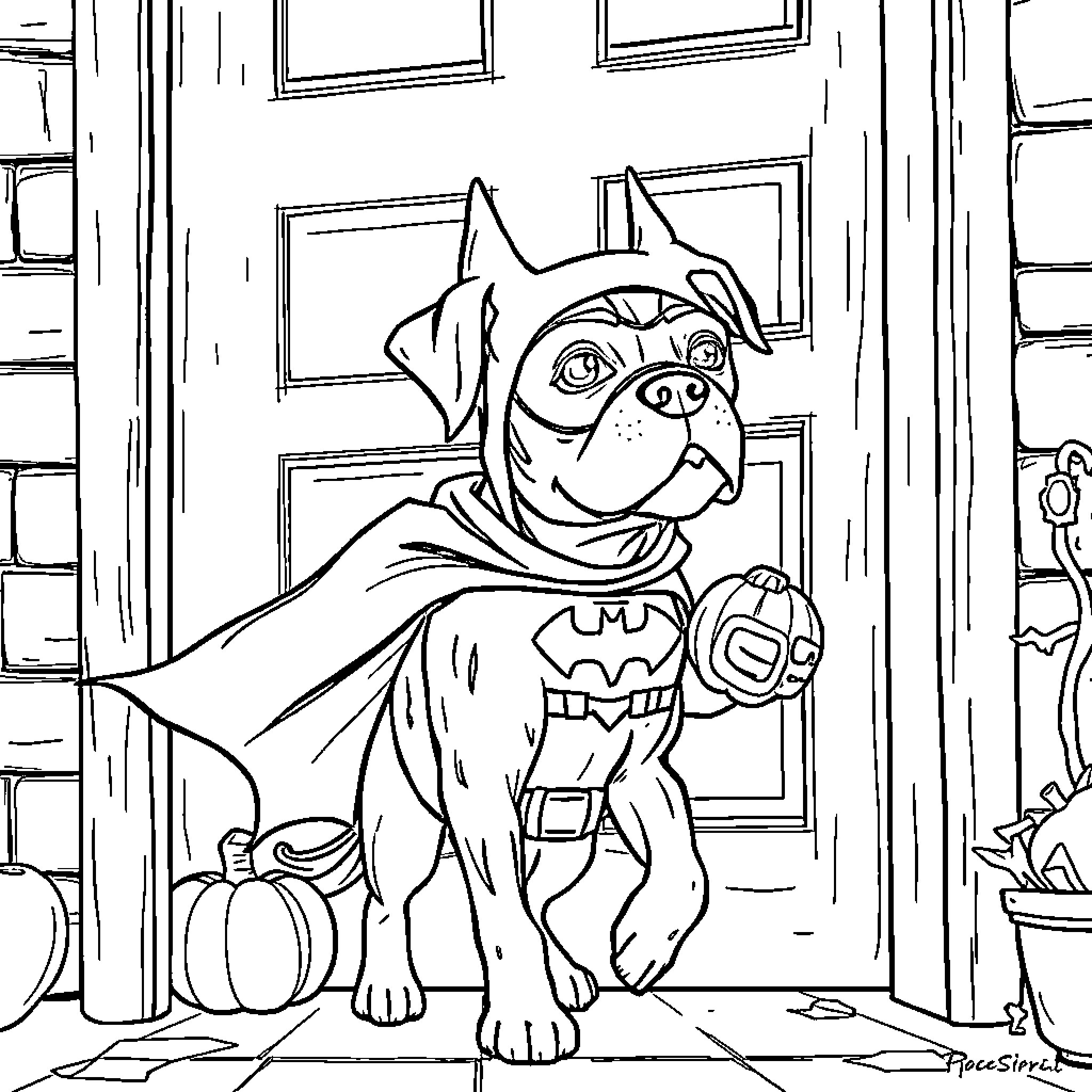 Boxer dog dressed as superhero standing in front of door Coloring Page (free black-and-white line drawing printable PDF for all, from beginners to advanced learners, including children, teens, adults, and seniors)