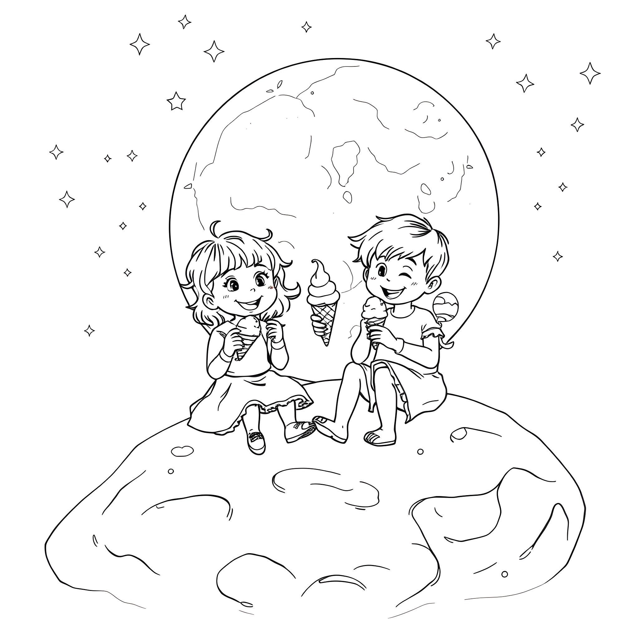 Kid enjoying ice cream under the stars Coloring Page (free black-and-white line drawing printable PDF for all, from beginners to advanced learners, including children, teens, adults, and seniors)