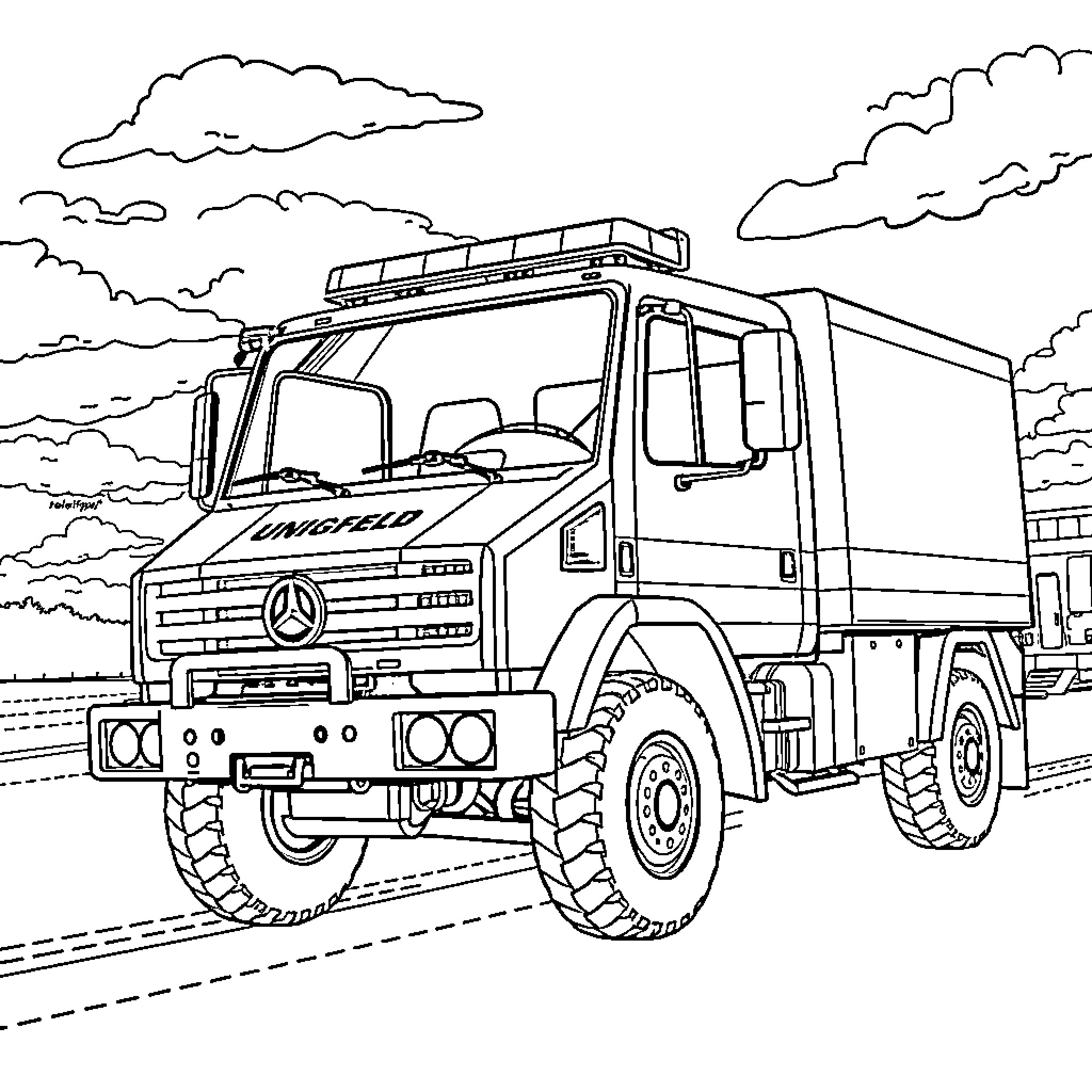 Fire Truck driving on the road with clouds Coloring Page (free black-and-white line drawing printable PDF for all, from beginners to advanced learners, including children, teens, adults, and seniors)