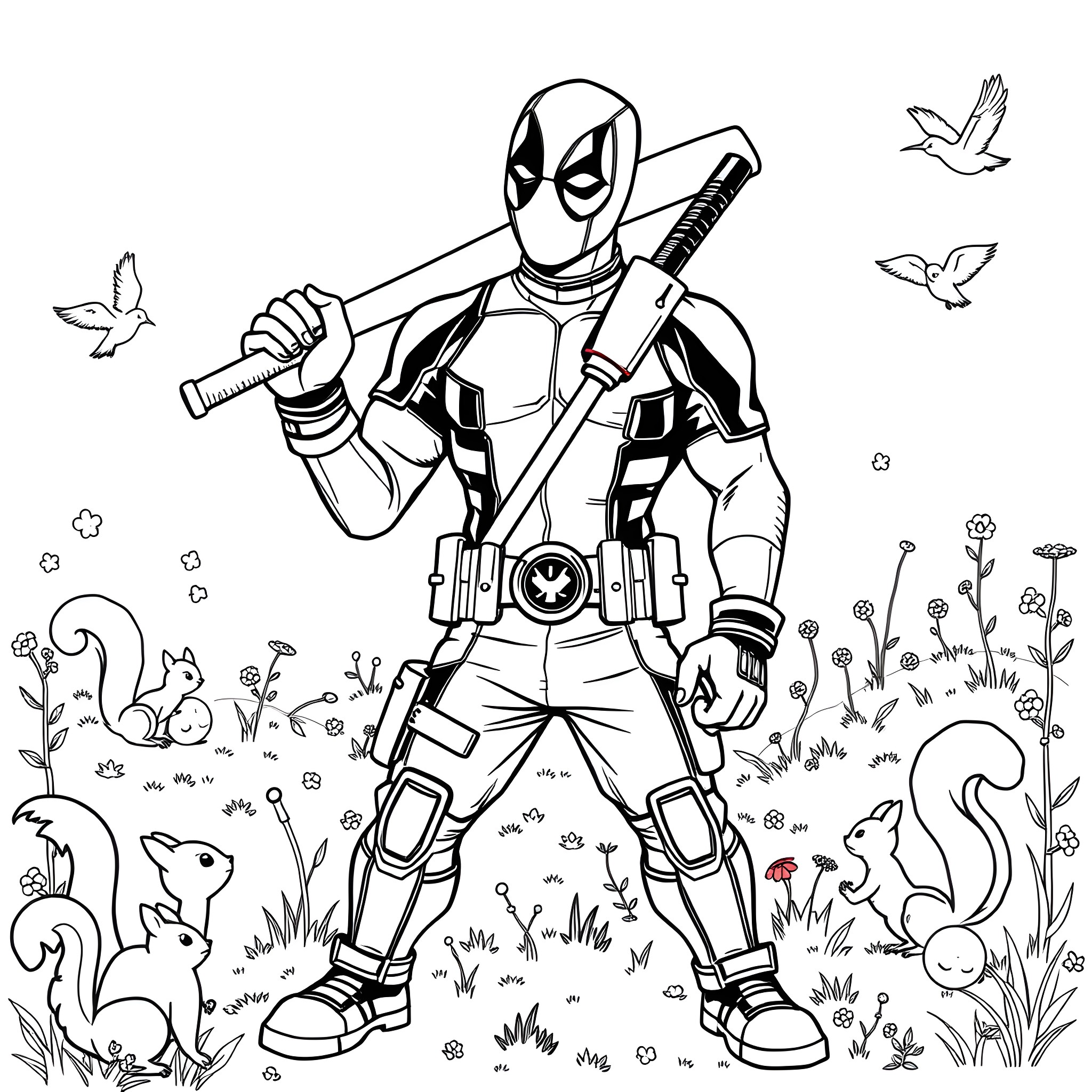 Deadpool's Whimsical Adventure in the Forest Coloring Page (free black-and-white line drawing printable PDF for all, from beginners to advanced learners, including children, teens, adults, and seniors)