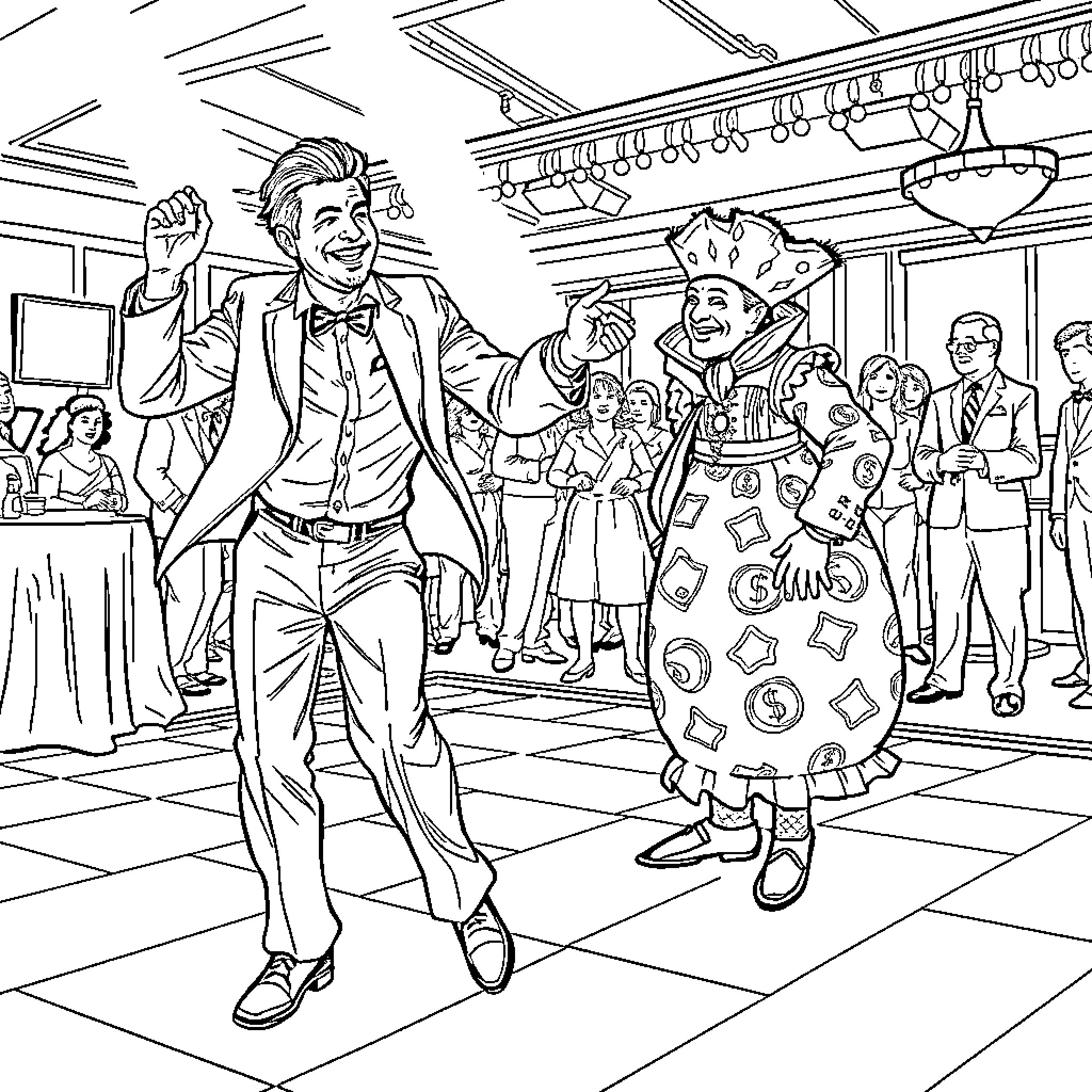 Man dancing joyfully at a social event Coloring Page (free black-and-white line drawing printable PDF for all, from beginners to advanced learners, including children, teens, adults, and seniors)