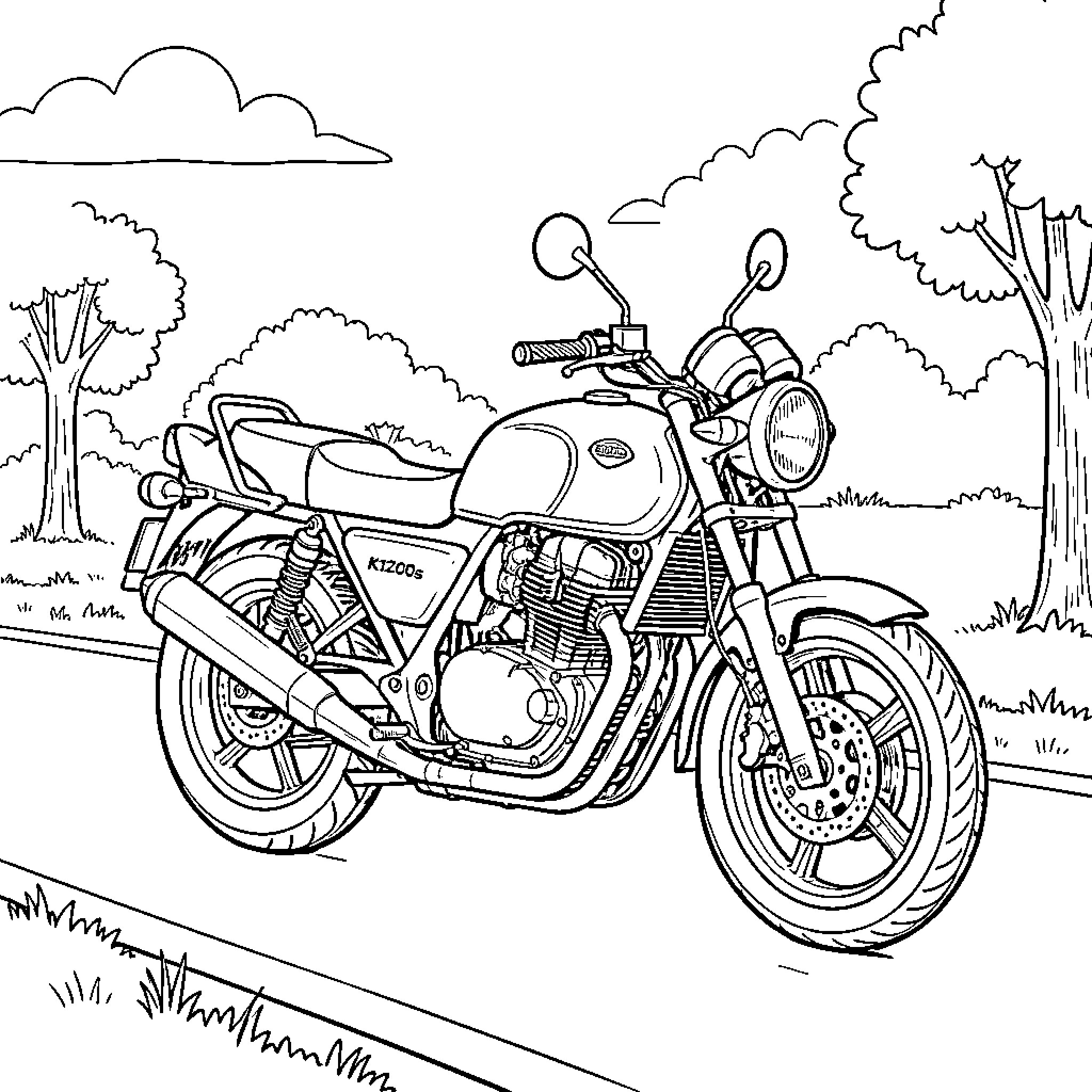 K1200s motorcycle parked in a peaceful park setting Coloring Page (free black-and-white line drawing printable PDF for all, from beginners to advanced learners, including children, teens, adults, and seniors)