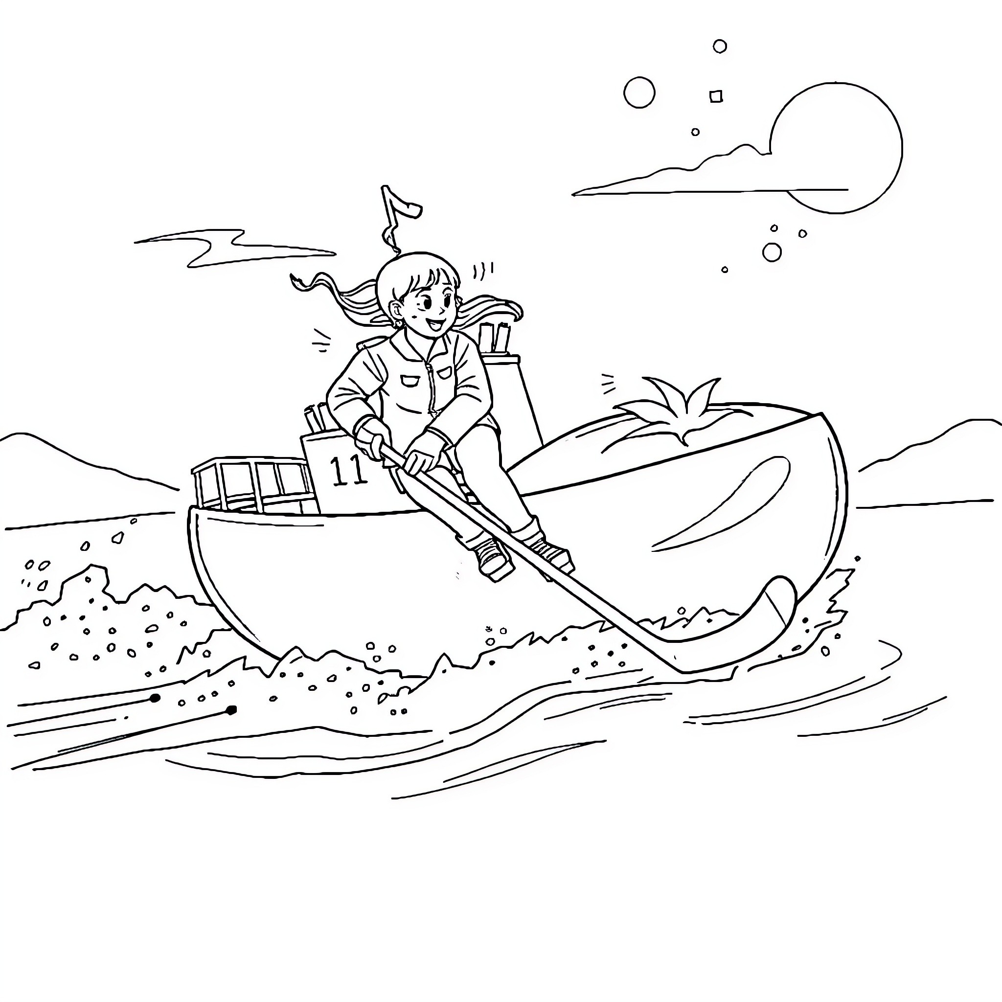Hockey player adventures on a tropical watercraft Coloring Page (free black-and-white line drawing printable PDF for all, from beginners to advanced learners, including children, teens, adults, and seniors)