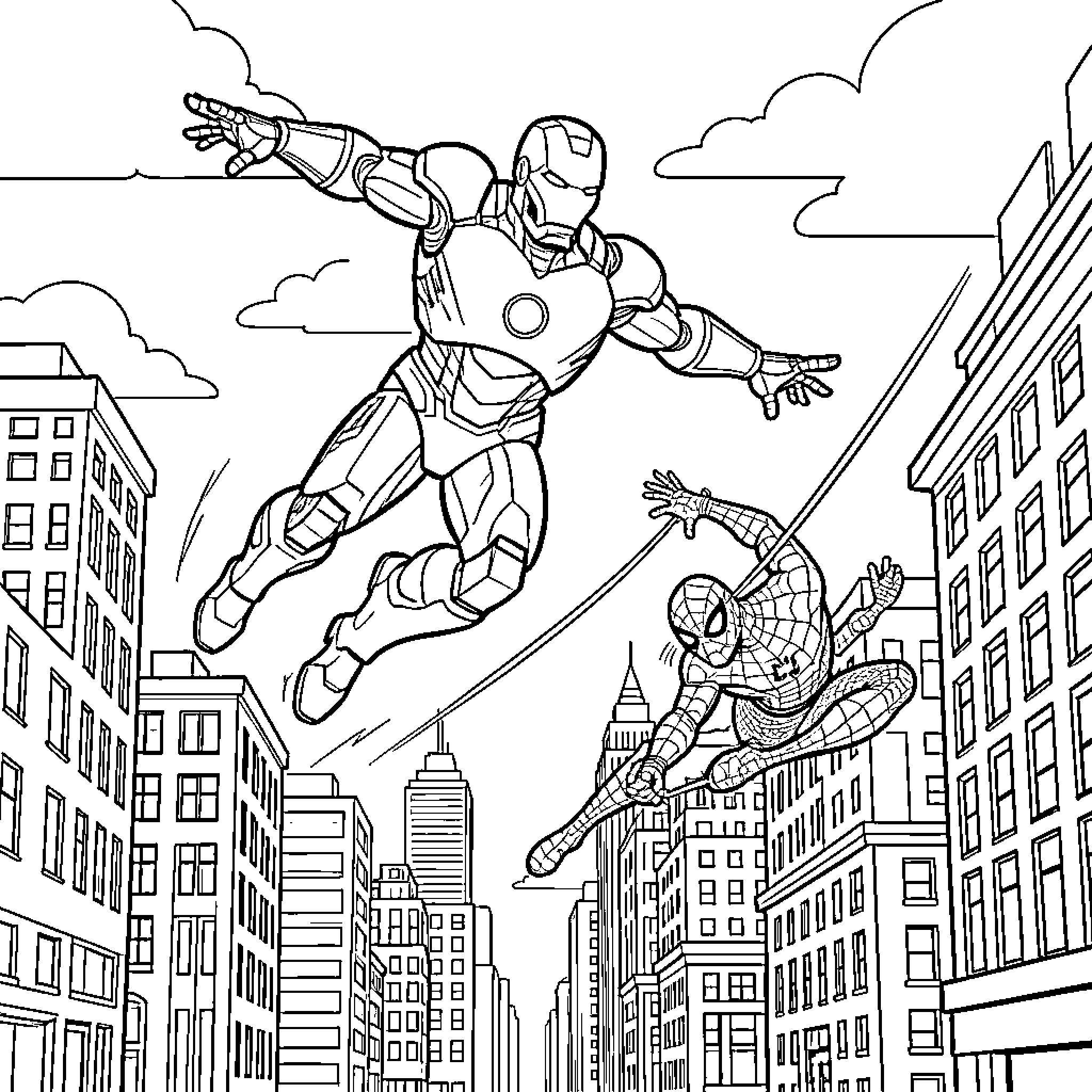 Iron Man and Spider-Man flying through a city Coloring Page (free black-and-white line drawing printable PDF for all, from beginners to advanced learners, including children, teens, adults, and seniors)