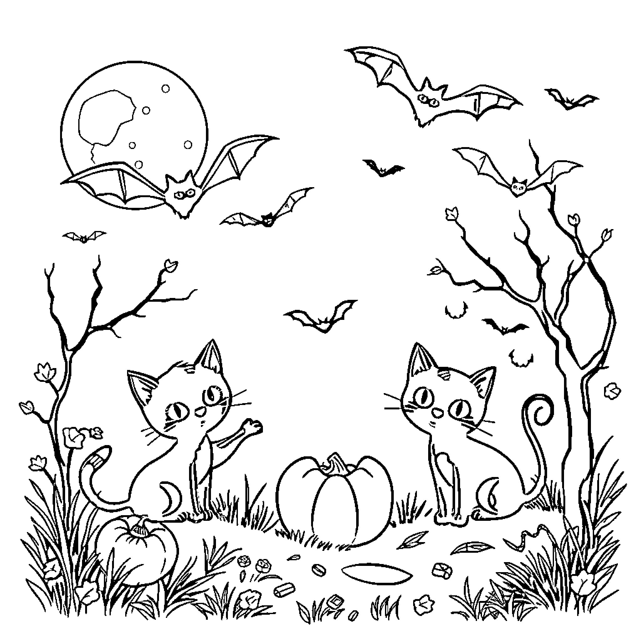 Bat-filled Halloween scene with cats and pumpkins Coloring Page (free black-and-white line drawing printable PDF for all, from beginners to advanced learners, including children, teens, adults, and seniors)