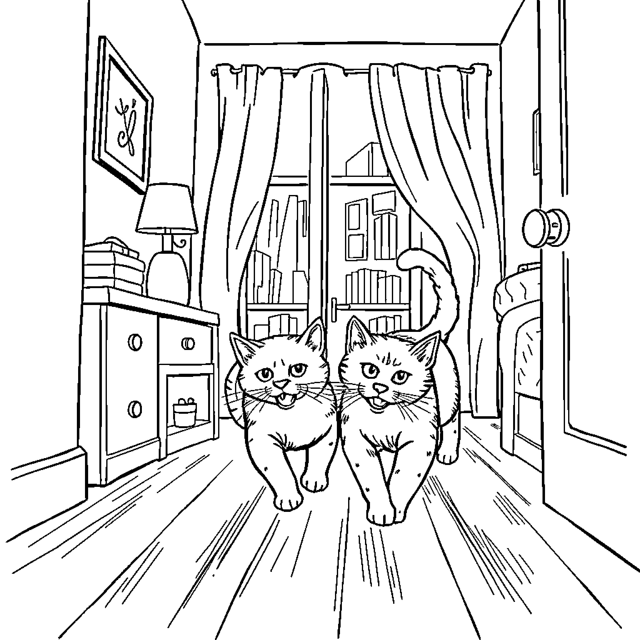 Cats enjoying cozy indoor scene Coloring Page (free black-and-white line drawing printable PDF for all, from beginners to advanced learners, including children, teens, adults, and seniors)