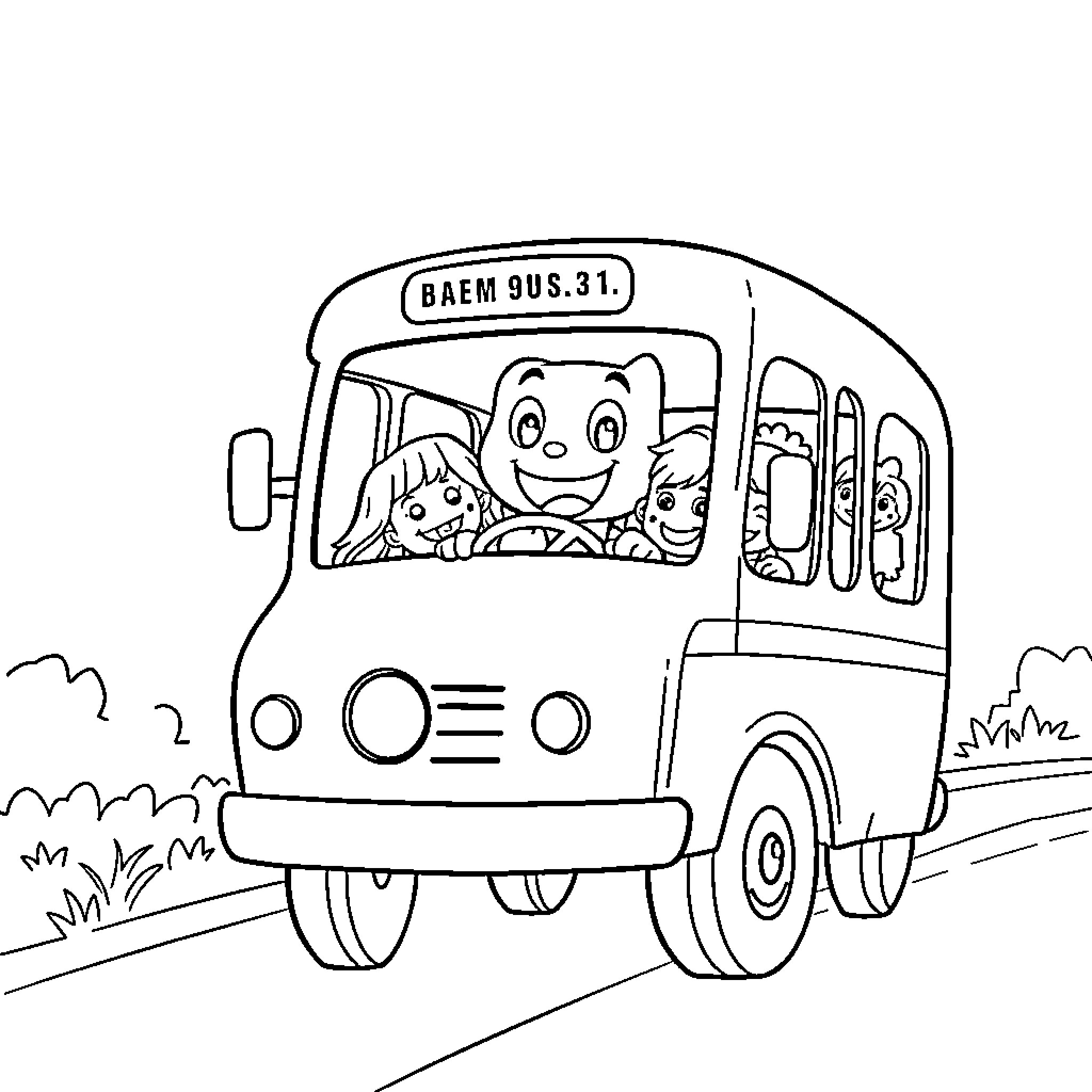 Bluey and friends riding the school bus Coloring Page (free black-and-white line drawing printable PDF for all, from beginners to advanced learners, including children, teens, adults, and seniors)
