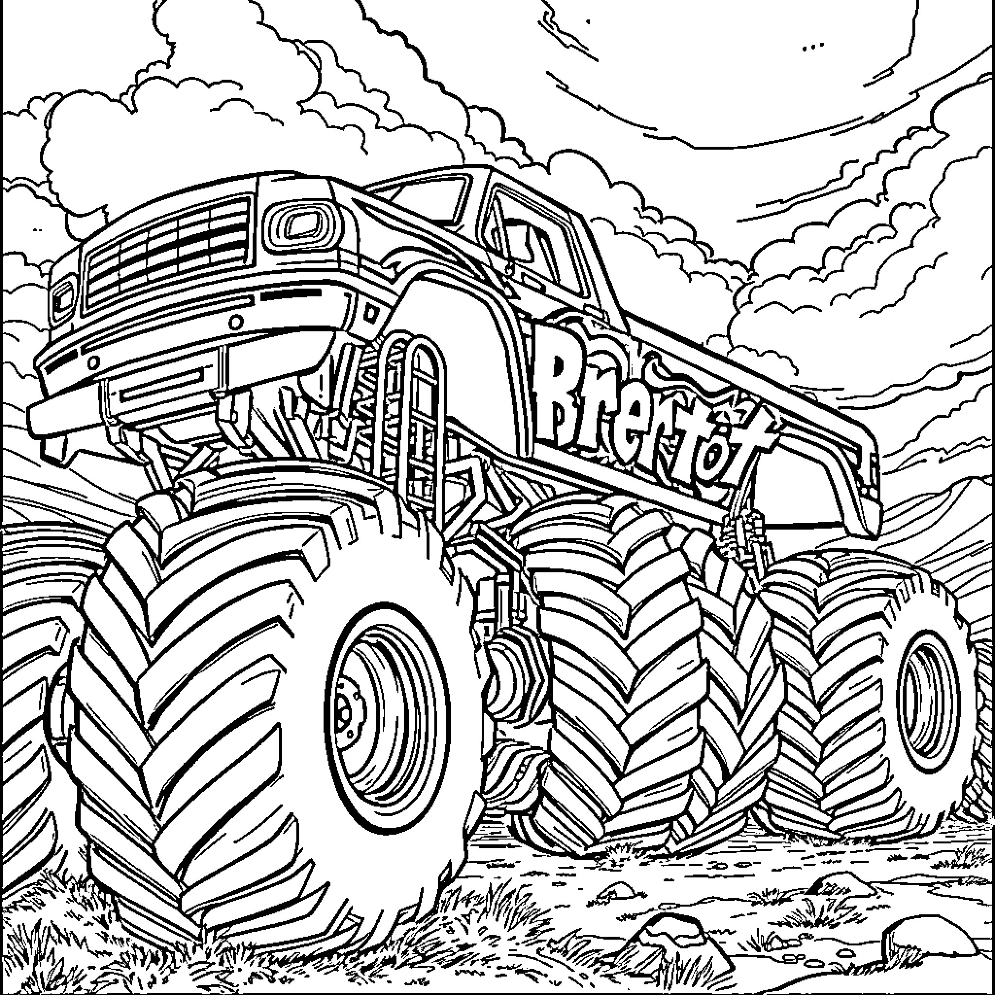 Monster Truck Crushing Through Rugged Landscape Coloring Page (free black-and-white line drawing printable PDF for all, from beginners to advanced learners, including children, teens, adults, and seniors)
